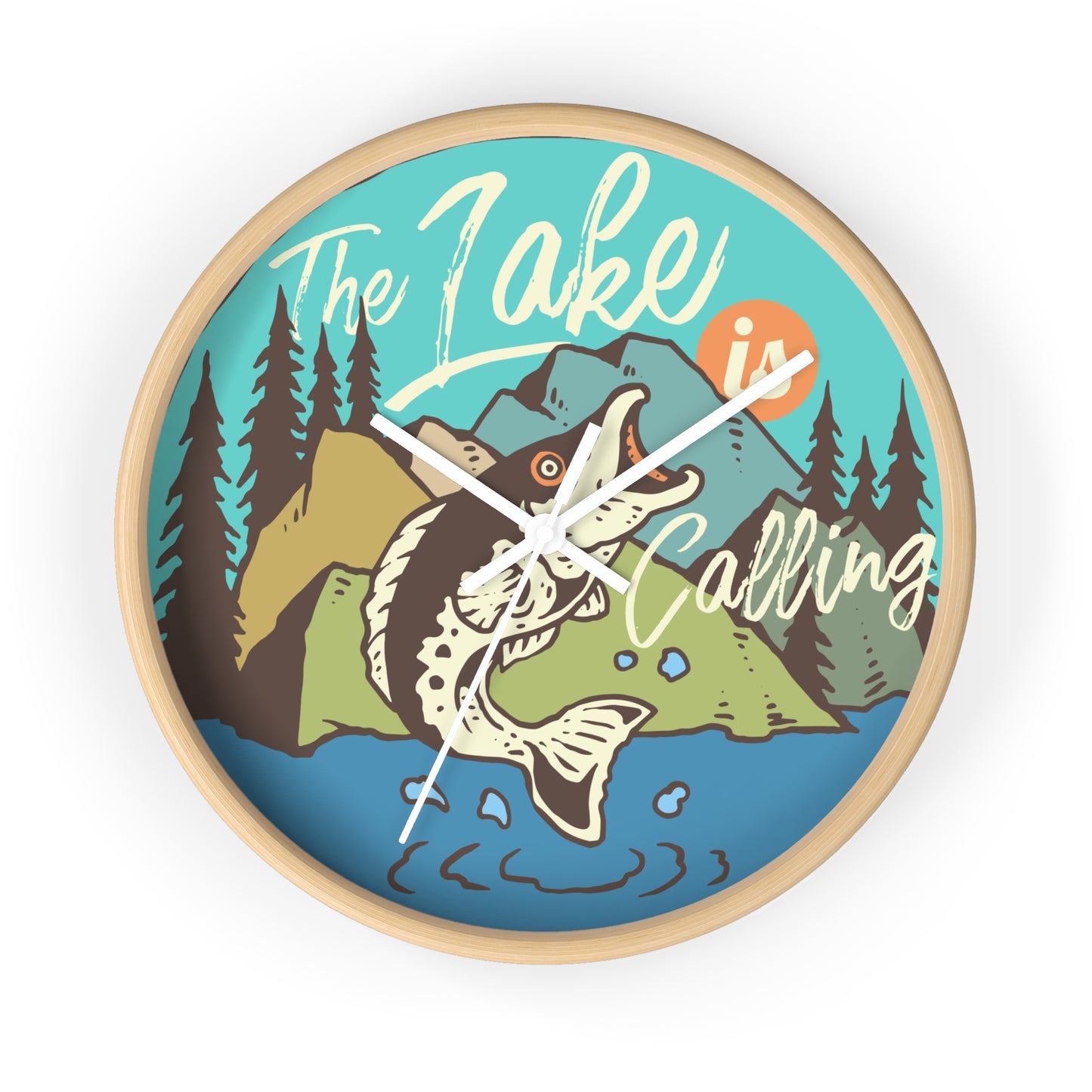 The Lake Is Calling – Fishing by the River Wall Clock, Silent, Wooden Frame