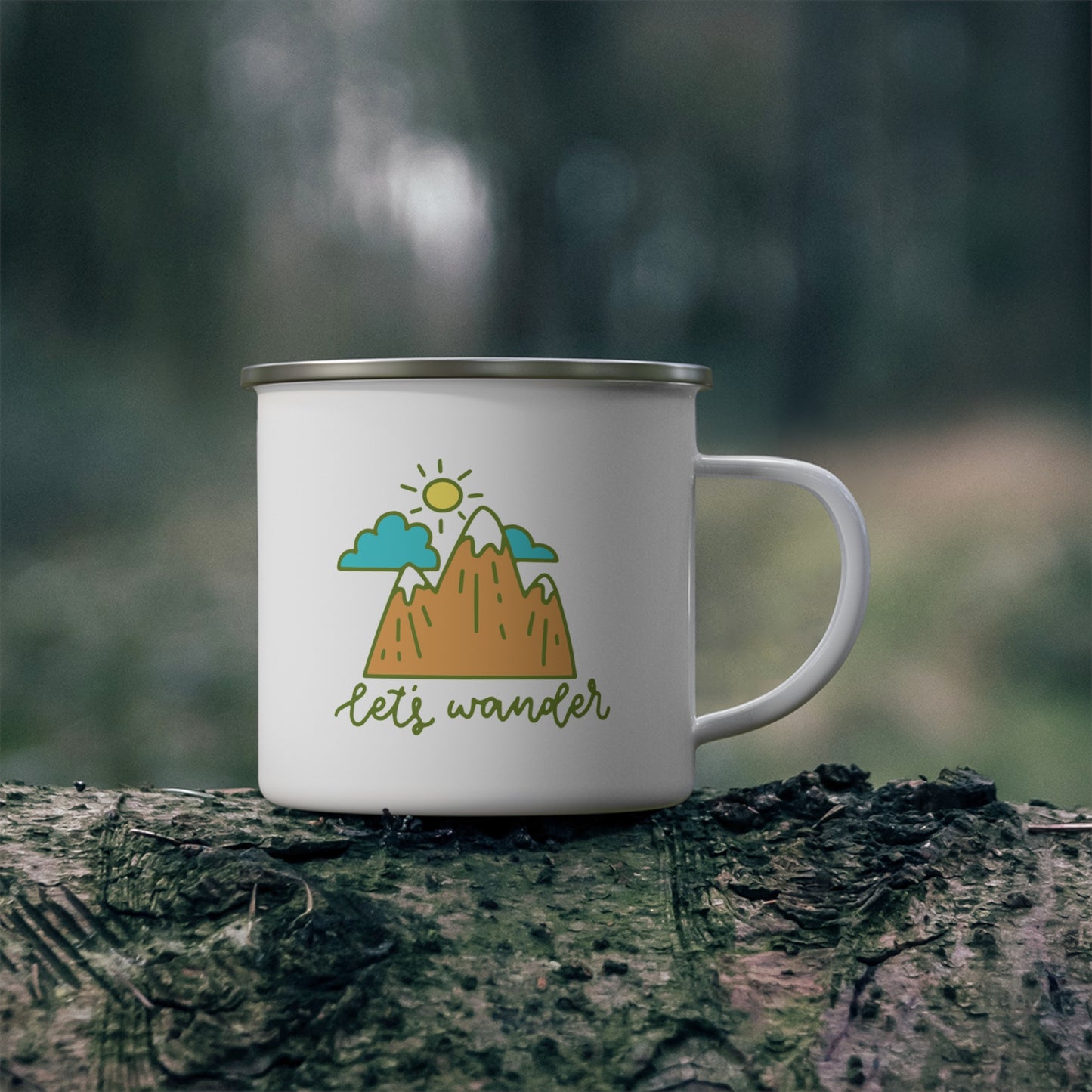 Let’s Wander Enamel Mug – 12oz Camping Cup with Mountains and Sunshine Design