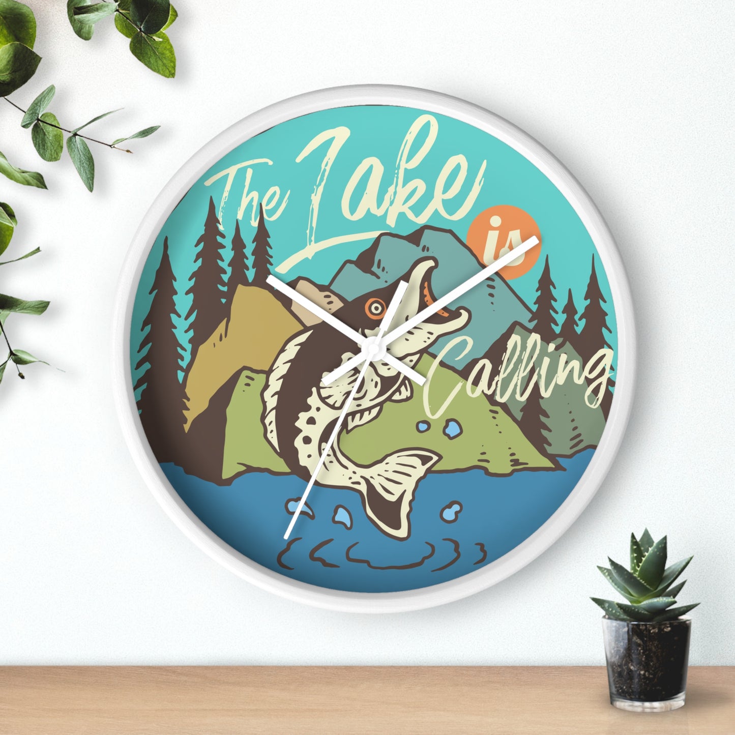 The Lake Is Calling – Fishing by the River Wall Clock, Silent, Wooden Frame