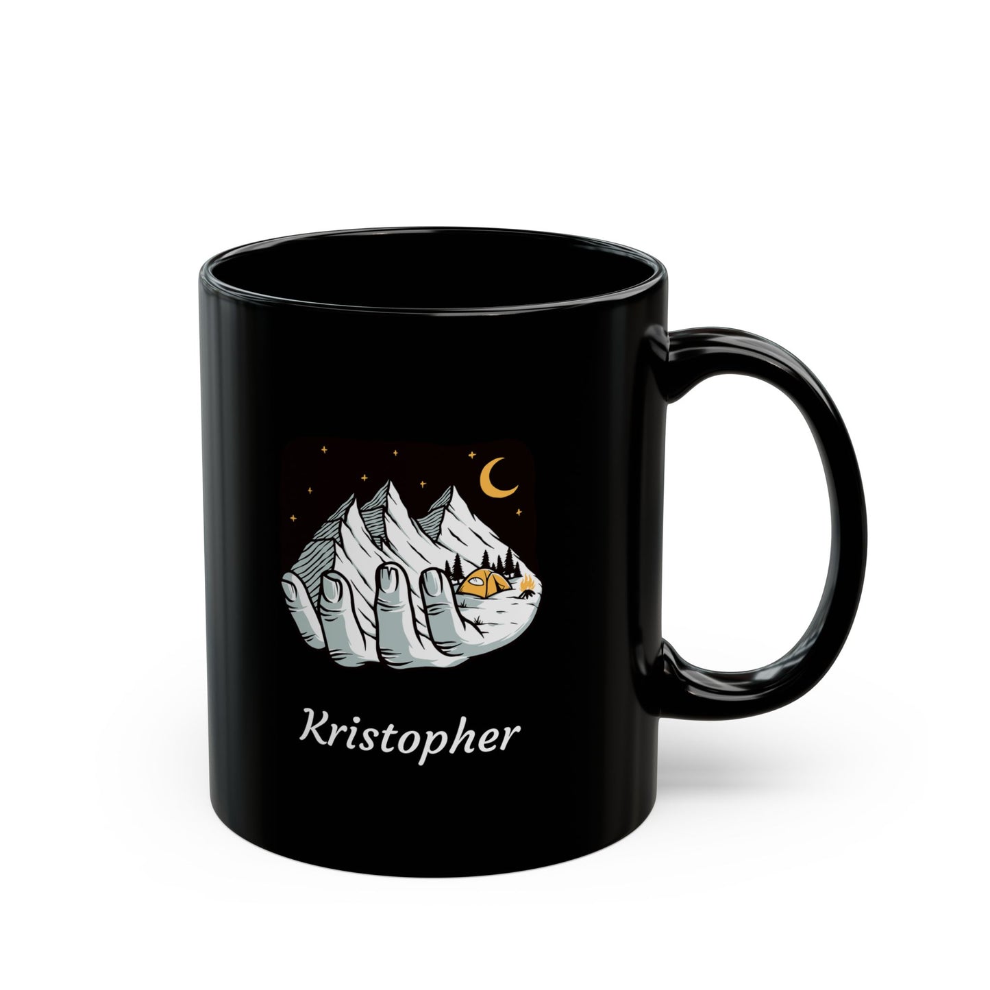 Black Camping Mug – Mountain & Night Sky Design