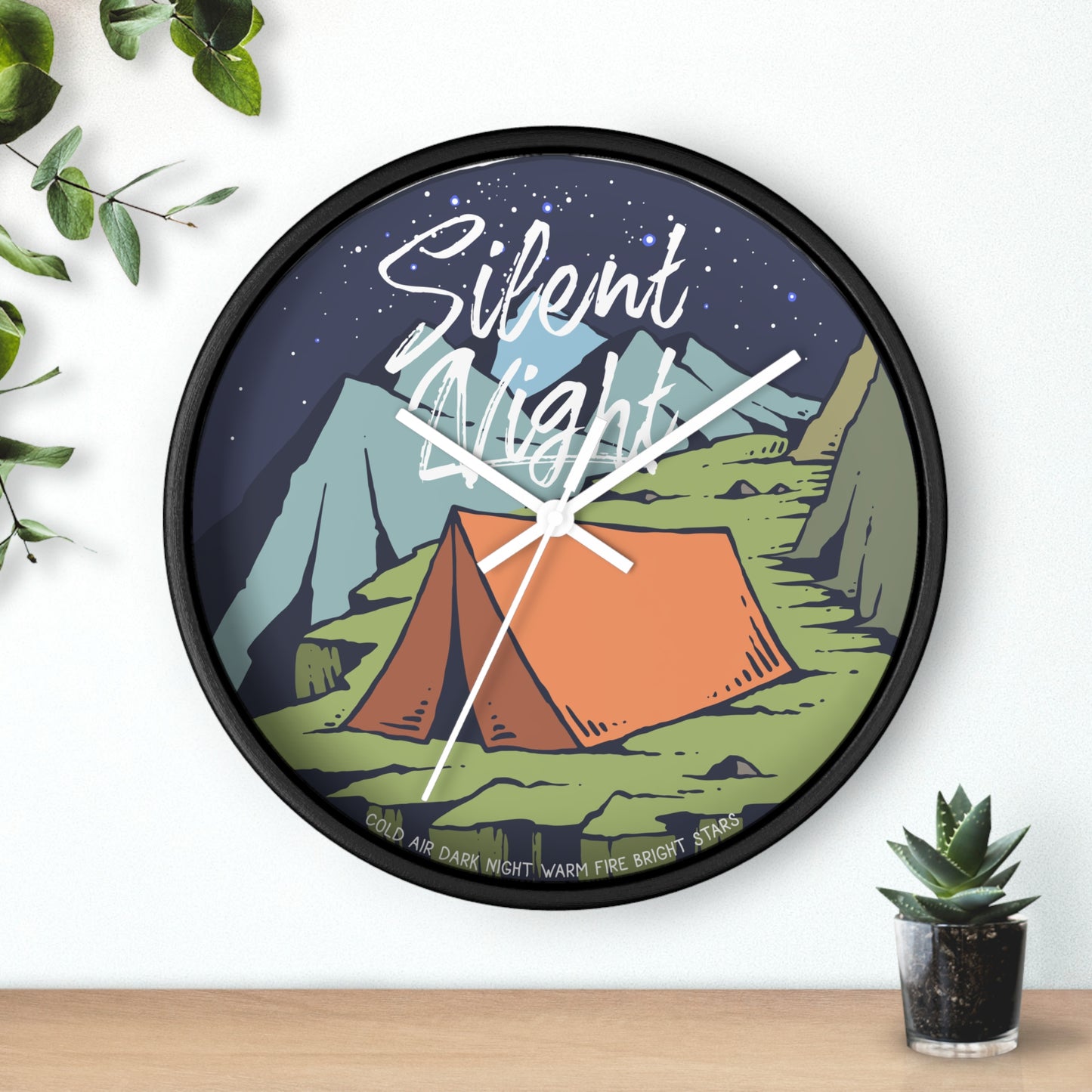 Camping wall clock with tent under stars – living room decor