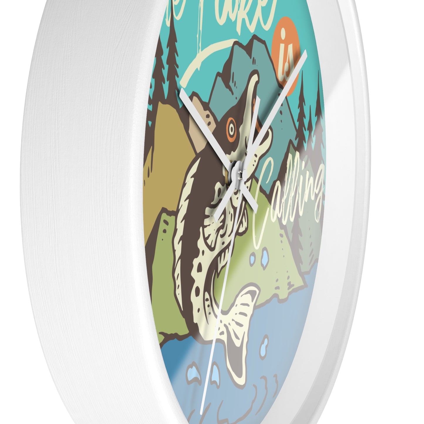The Lake Is Calling – Fishing by the River Wall Clock, Silent, Wooden Frame