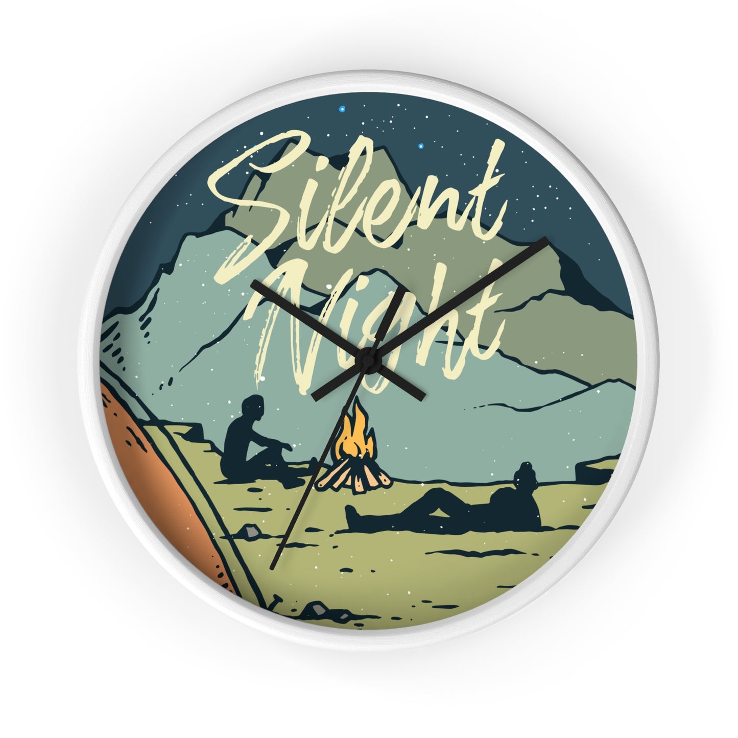 Camping wall clock – two people near fire, white frame, black hands