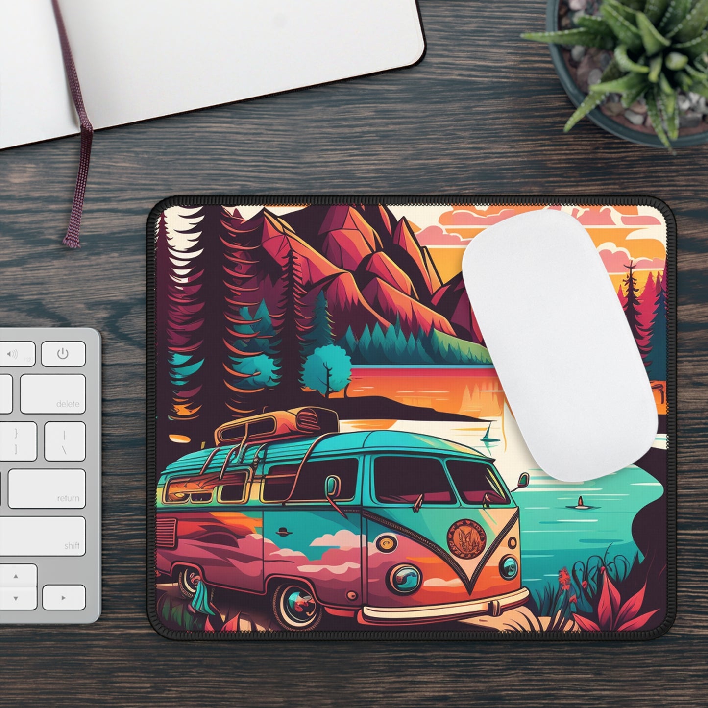 Retro Camper Mouse Pad – Lakefront Sunset Adventure Scene