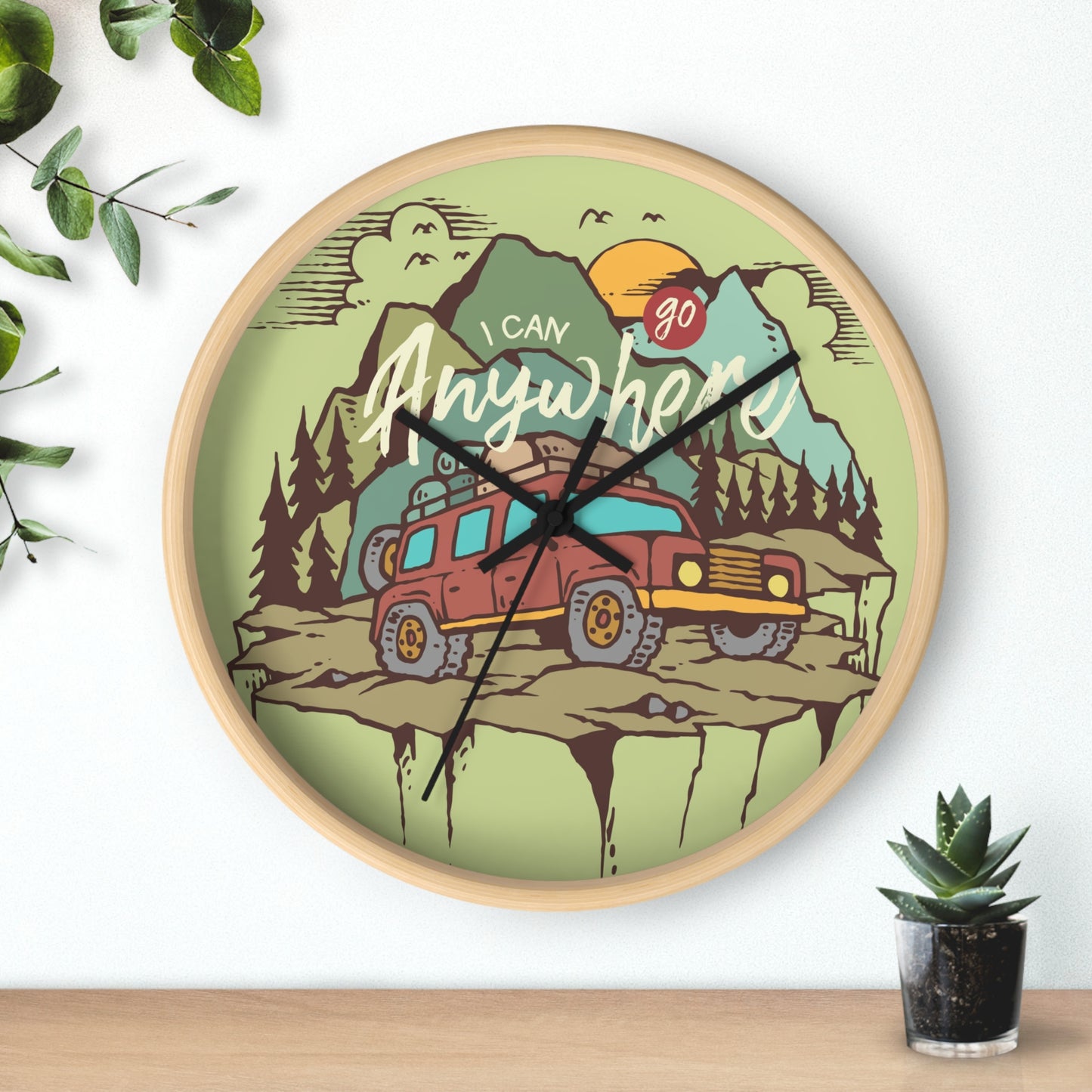 I Can Go Anywhere Adventure Wall Clock – Mountain RV Camping, Silent, Wooden Frame