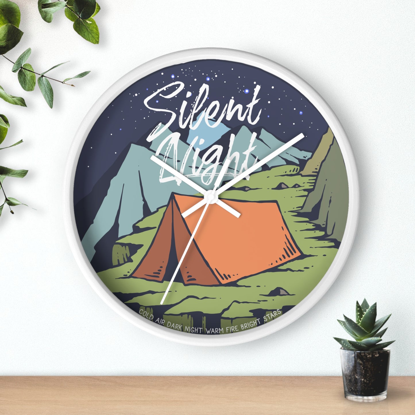 Camping wall clock – tent at night, white frame, white hands - on the wall