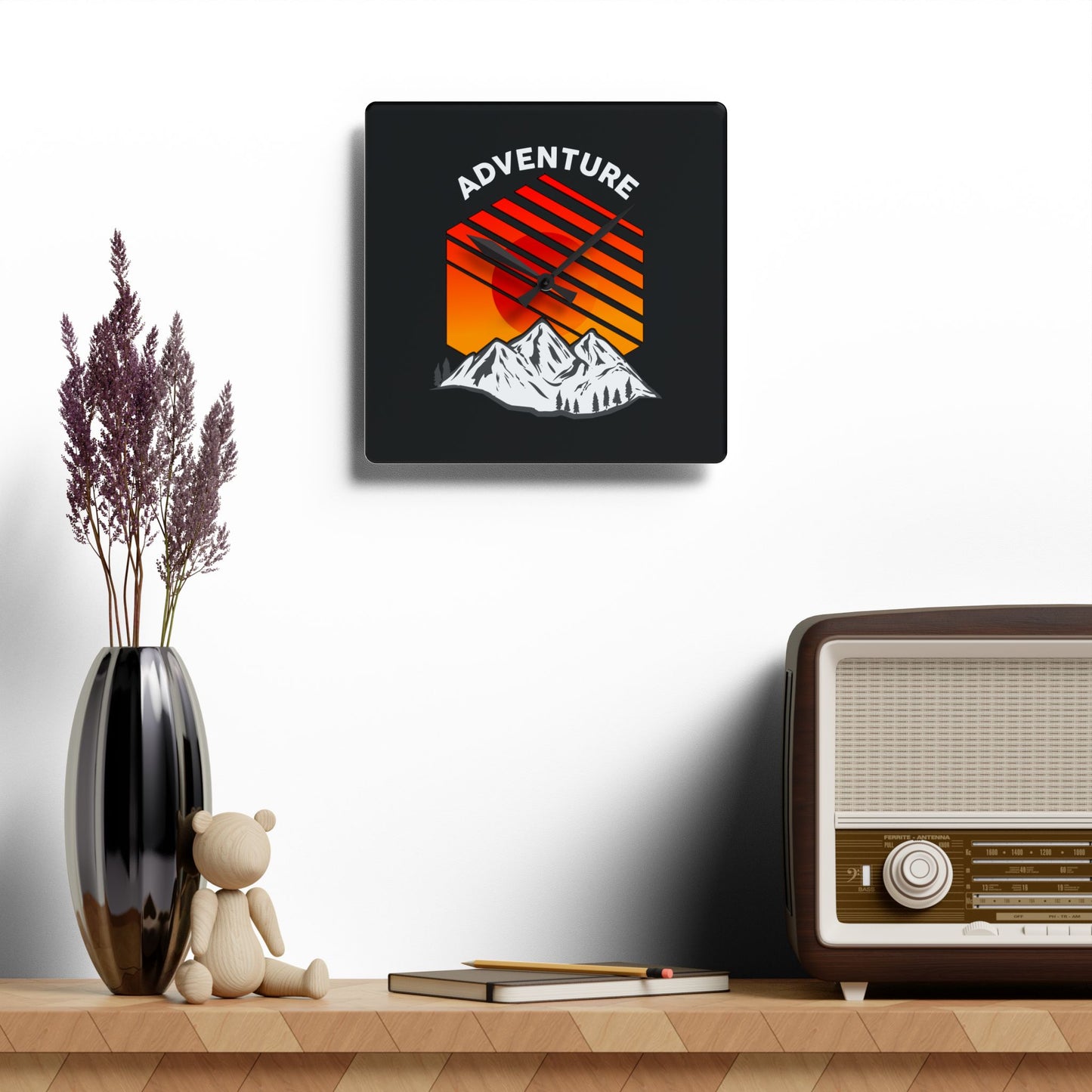 Adventure Sunset Wall Clock – Bold Mountain Art for Outdoor Explorers