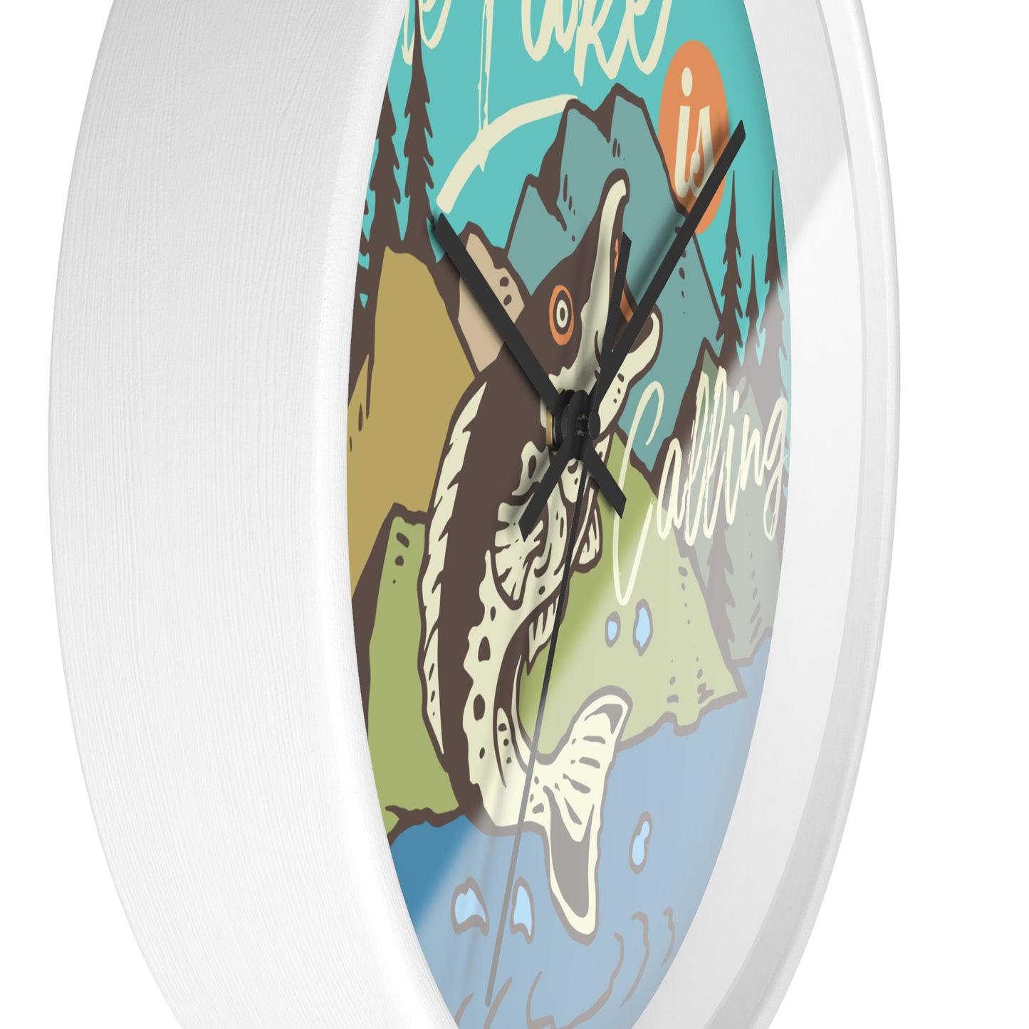 The Lake Is Calling – Fishing by the River Wall Clock, Silent, Wooden Frame