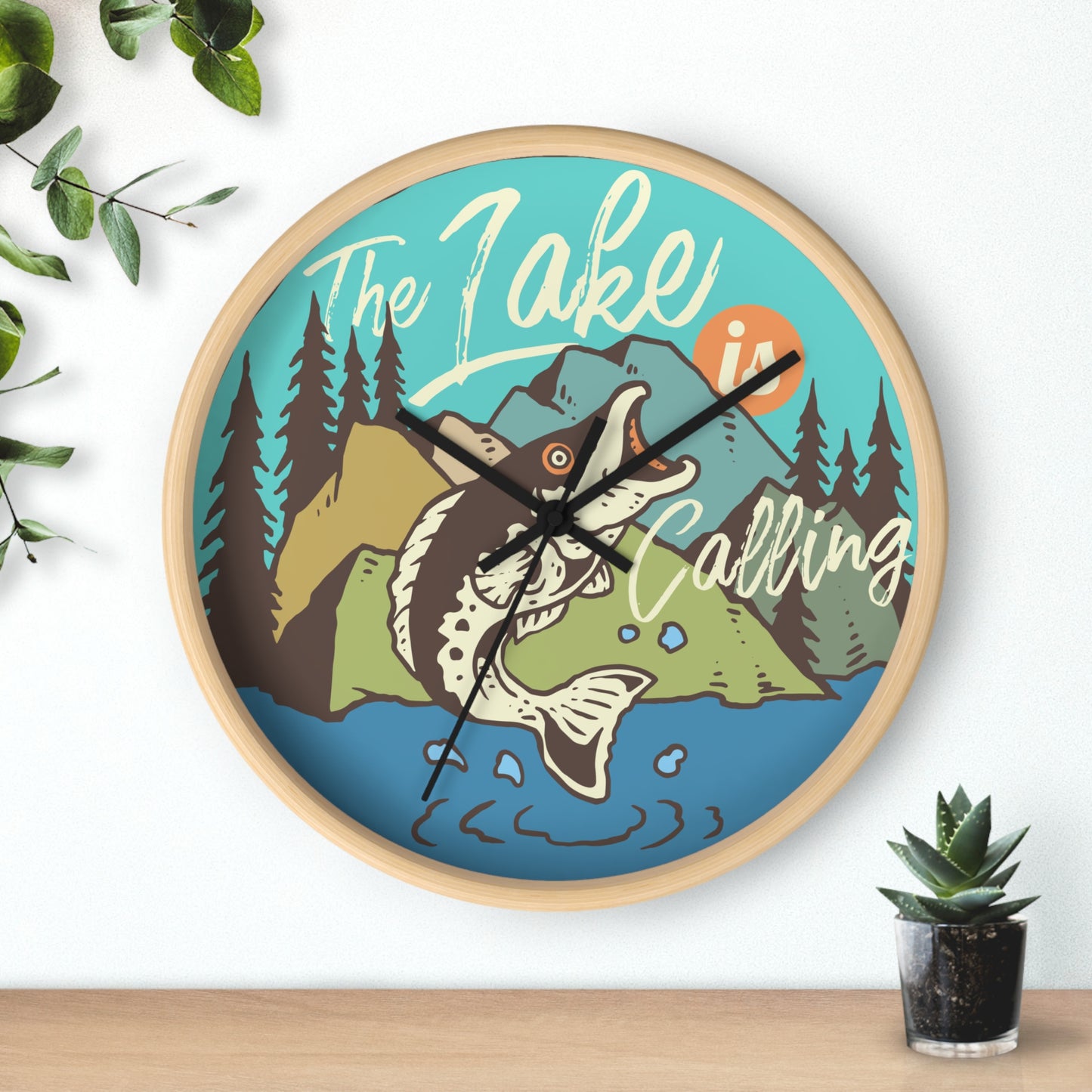 The Lake Is Calling – Fishing by the River Wall Clock, Silent, Wooden Frame
