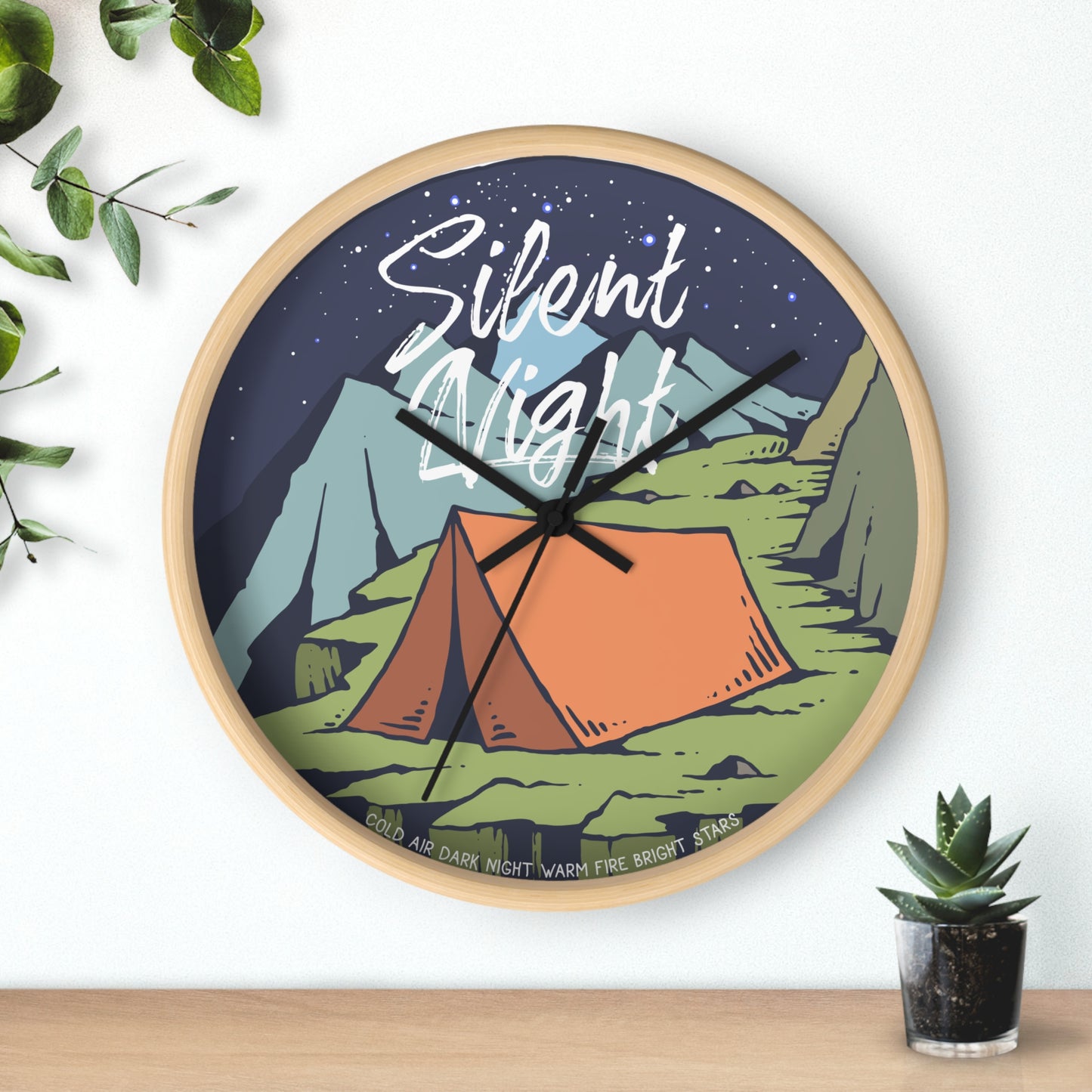 Camping wall clock – tent at night, wood frame, black hands - on the wall