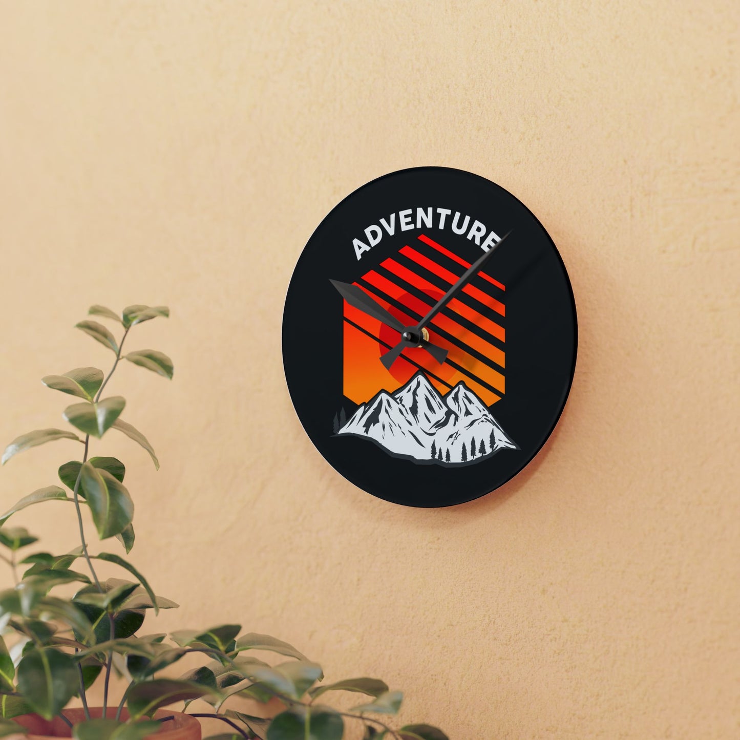 Adventure Sunset Wall Clock – Bold Mountain Art for Outdoor Explorers
