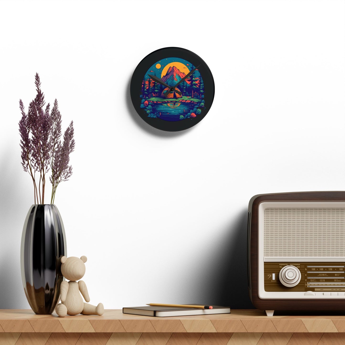 Nature Escape Acrylic Wall Clock – Mountain & Tent Art for Outdoor Lovers