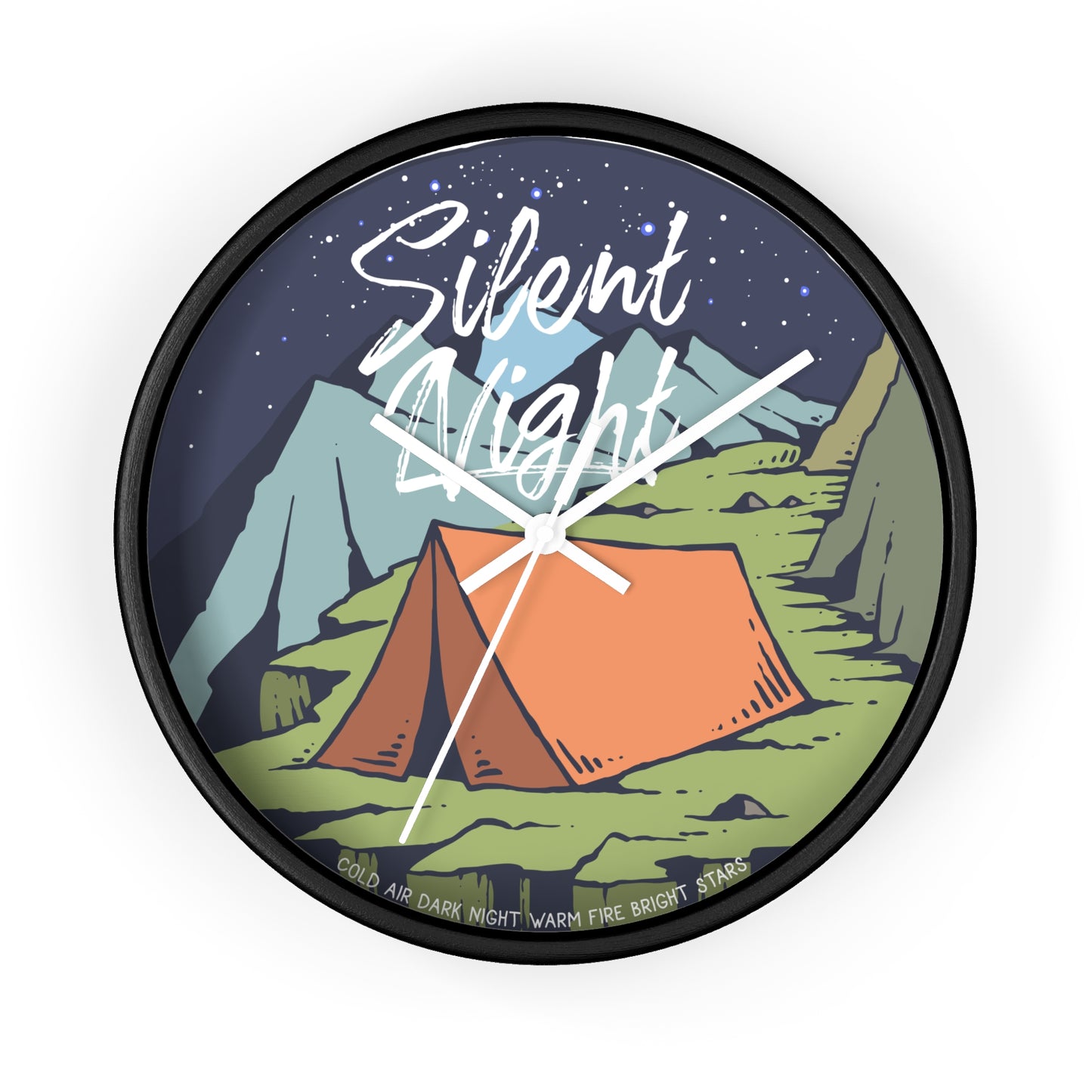 Camping wall clock – tent at night, black frame, white hands