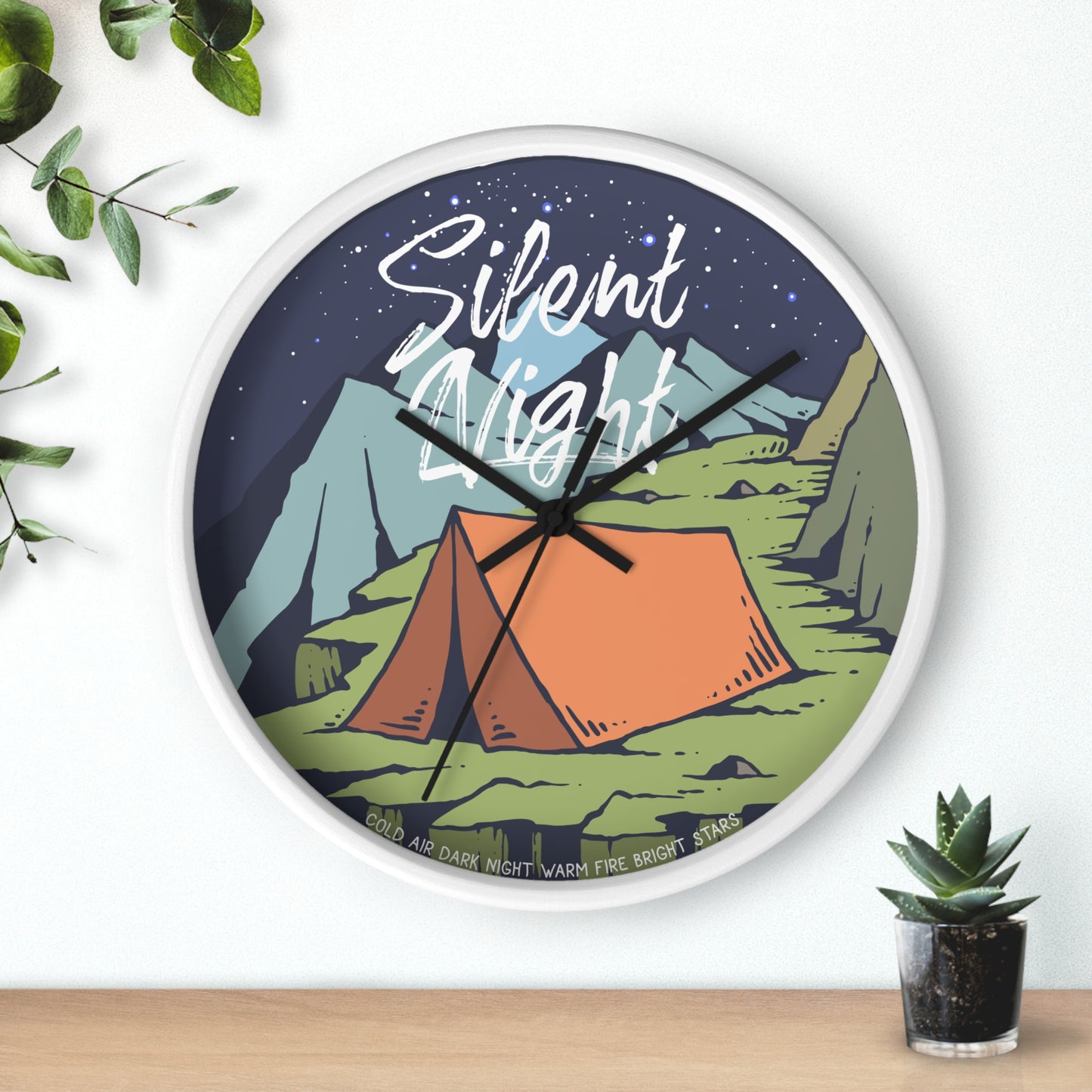 Camping wall clock – tent at night, white frame, black hands