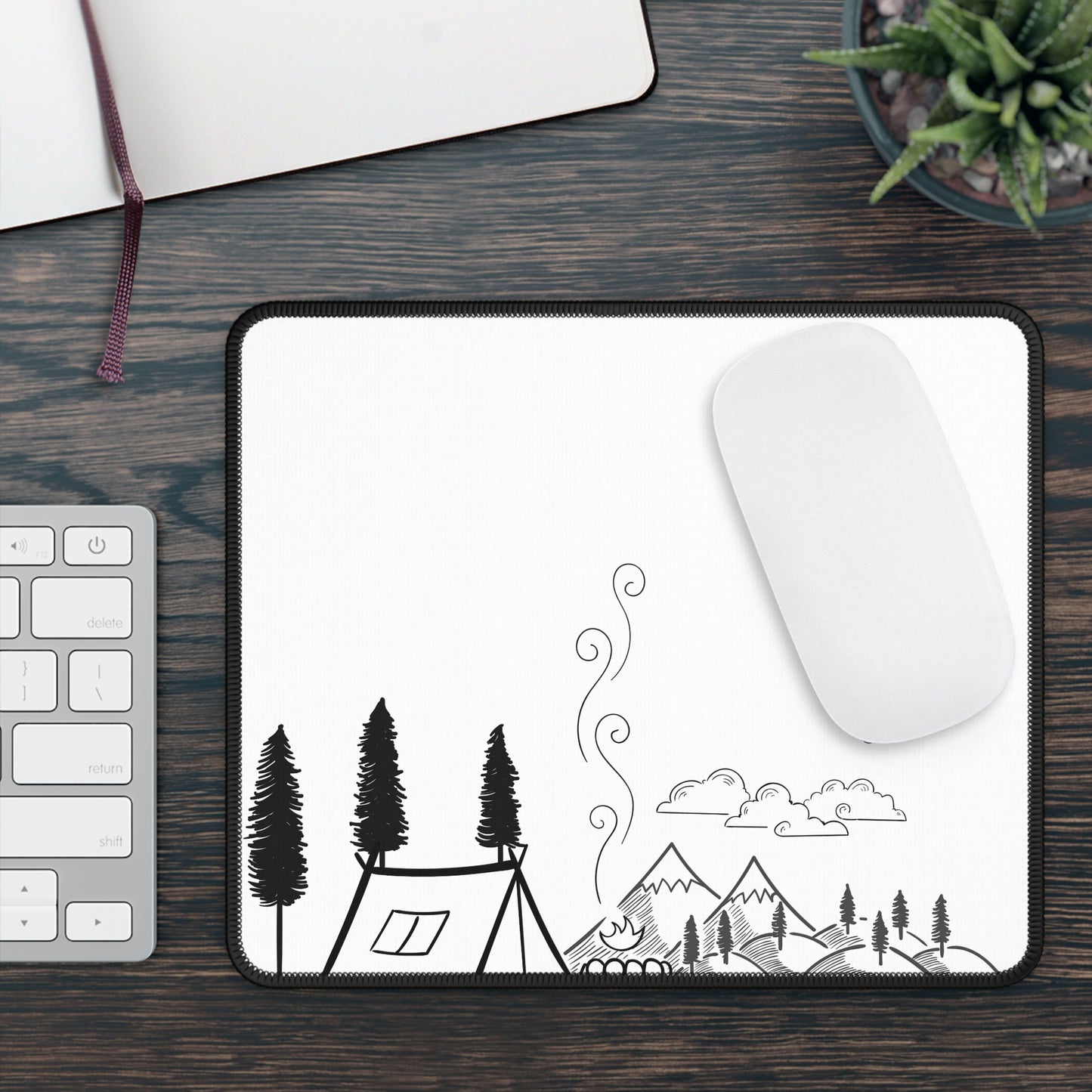 Minimal Line Art Camping Mouse Pad – Clean Outdoor Sketch Design