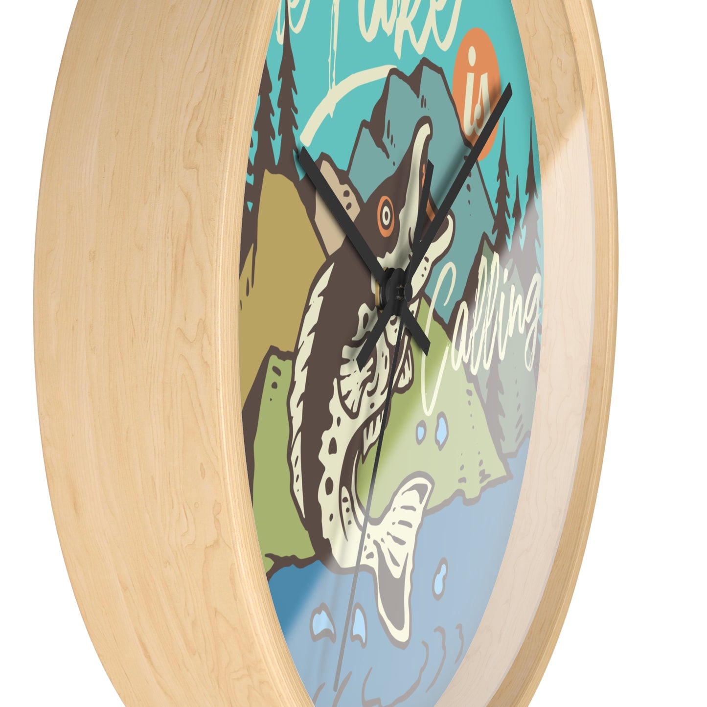 The Lake Is Calling – Fishing by the River Wall Clock, Silent, Wooden Frame