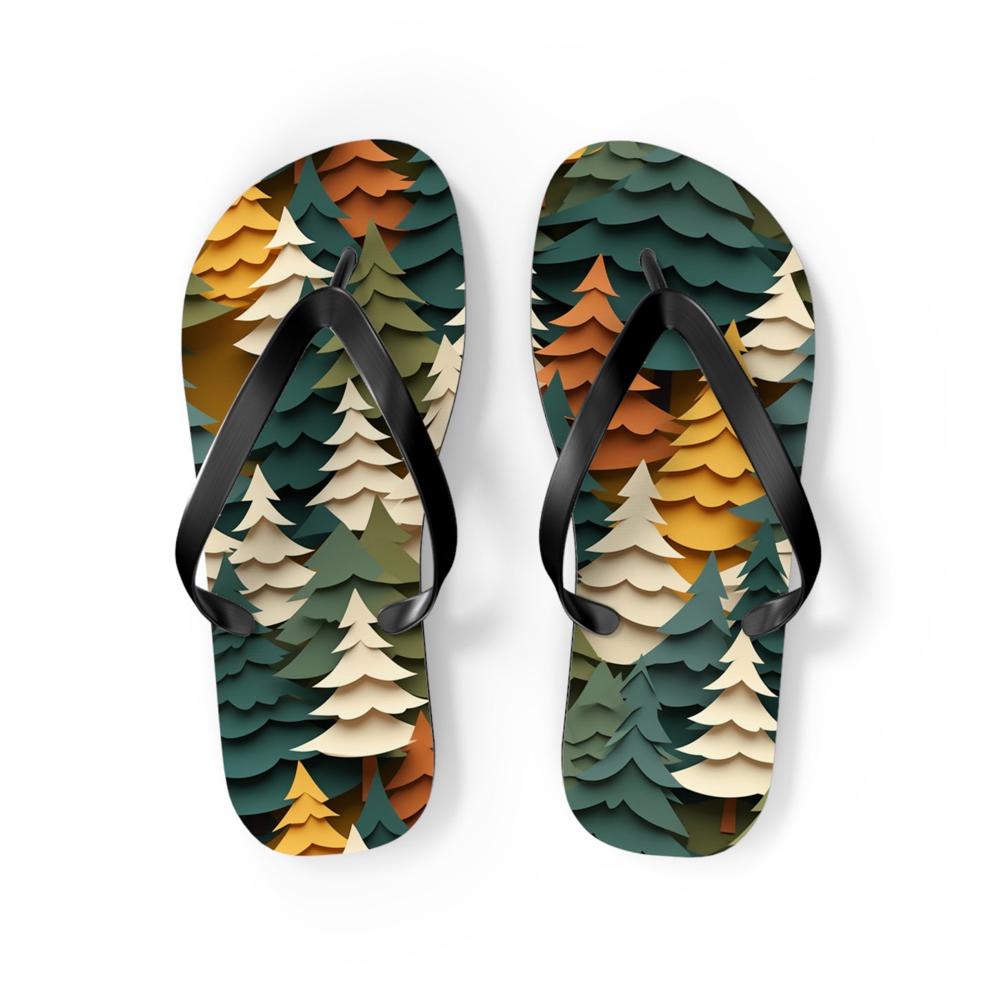 Fall Forest Flip Flops – Paper-Cut Tree Print Summer Sandals