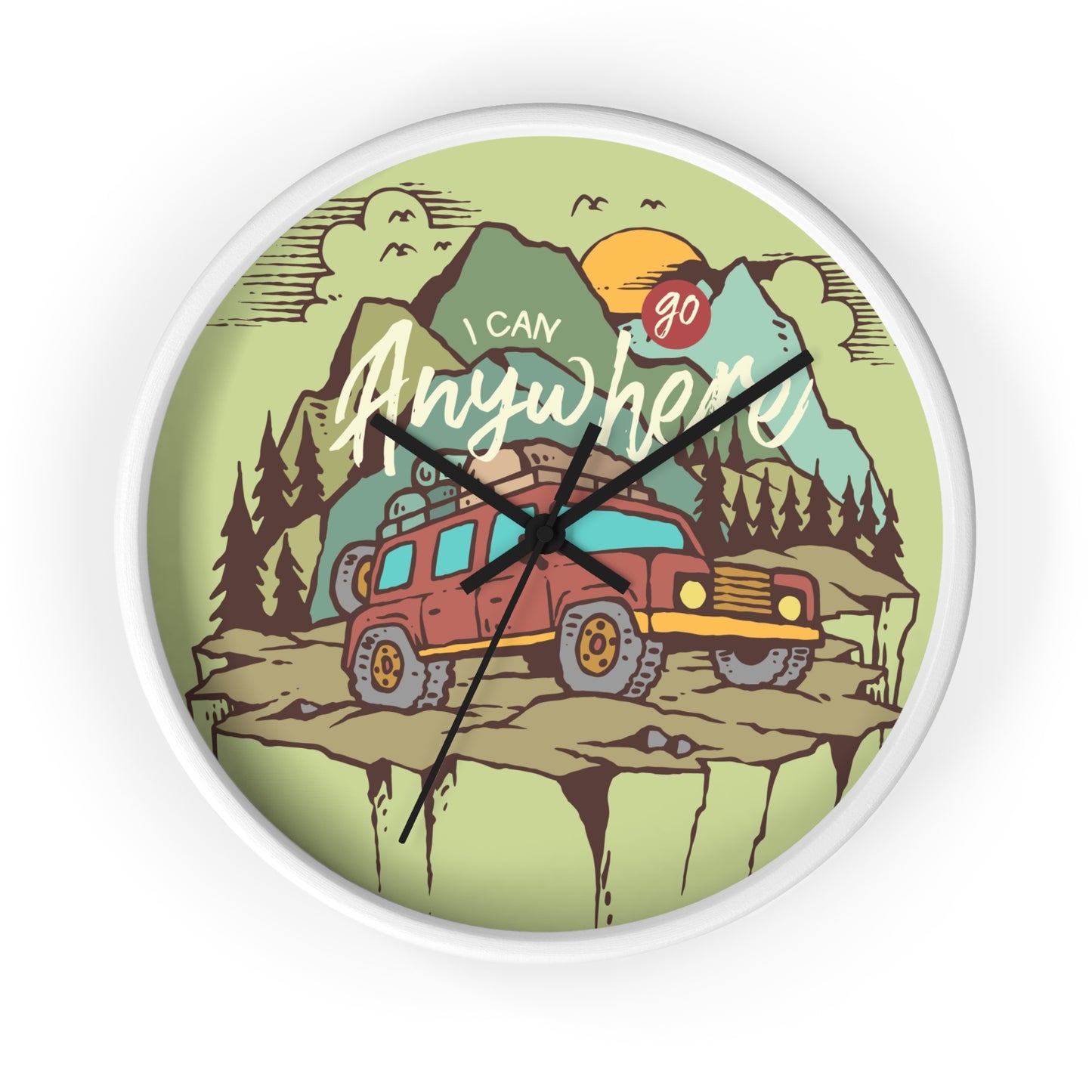 Adventure wall clock – RV camping scene, white frame, black hands