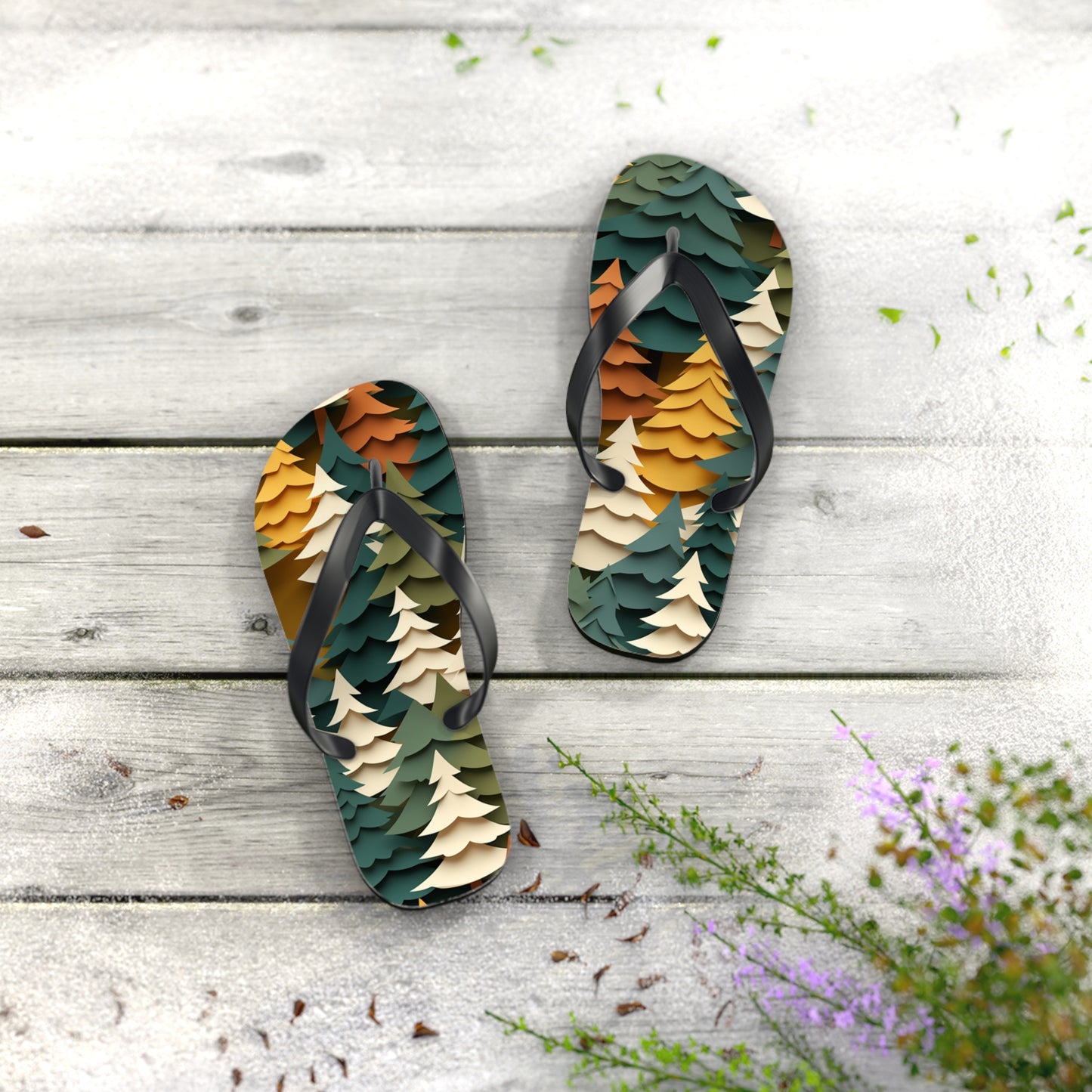 Fall Forest Flip Flops – Paper-Cut Tree Print Summer Sandals