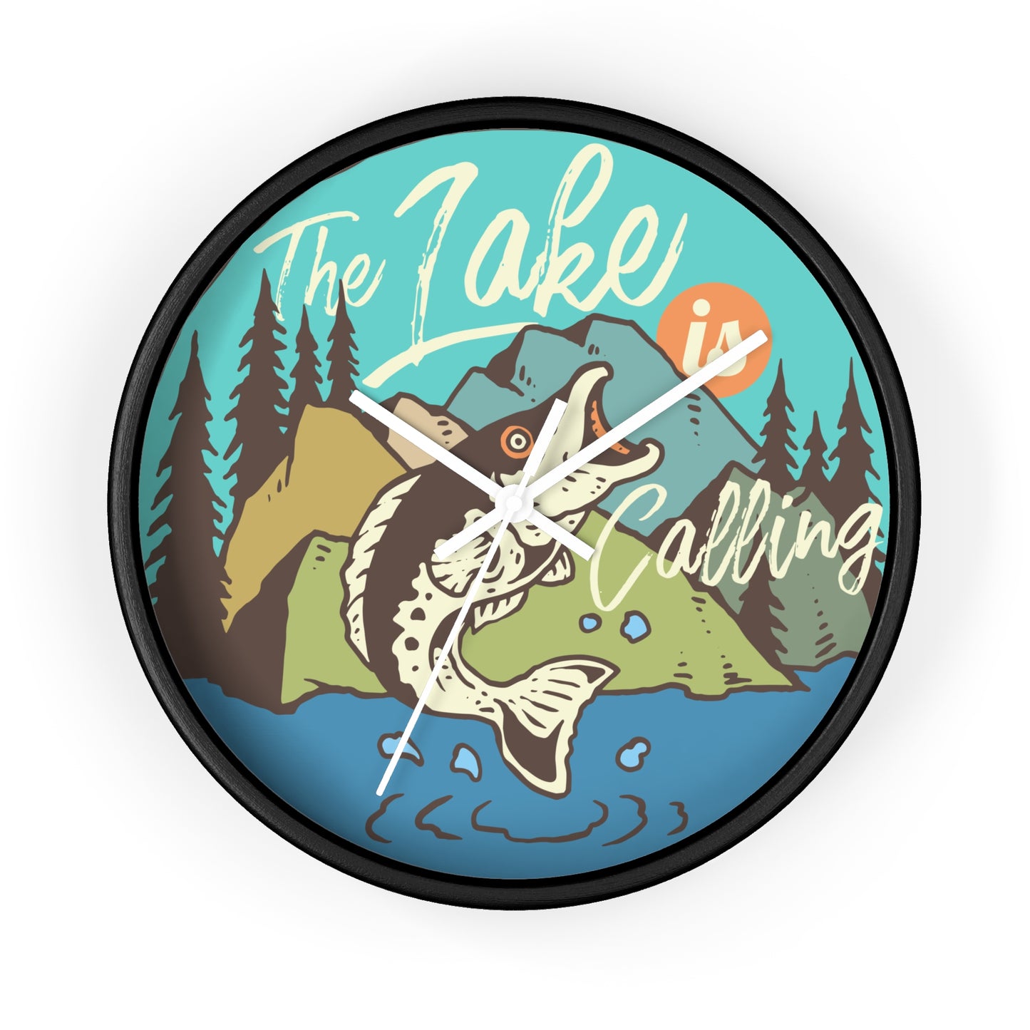 The Lake Is Calling – Fishing by the River Wall Clock, Silent, Wooden Frame