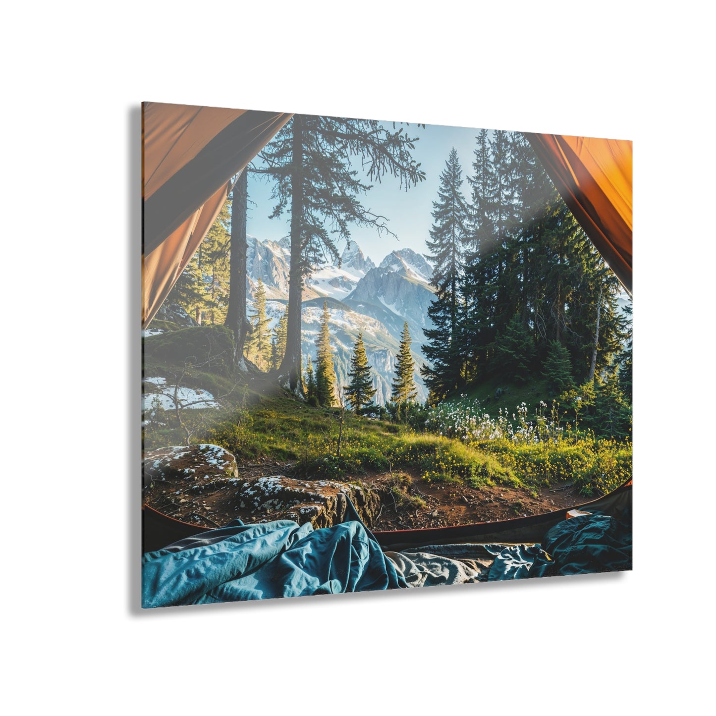 Mountain View from Tent Acrylic Wall Art – Adventure Landscape Print