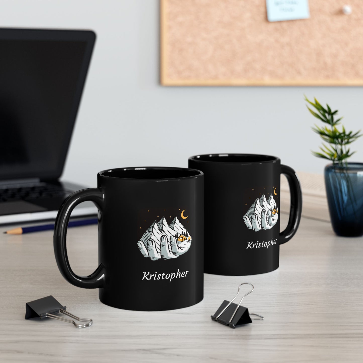 Black Camping Mug – Mountain & Night Sky Design