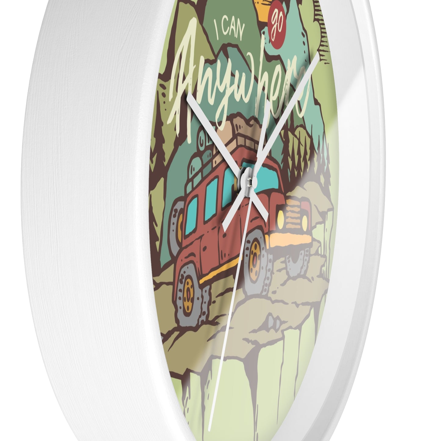 Adventure wall clock – angled view, white frame, white hands