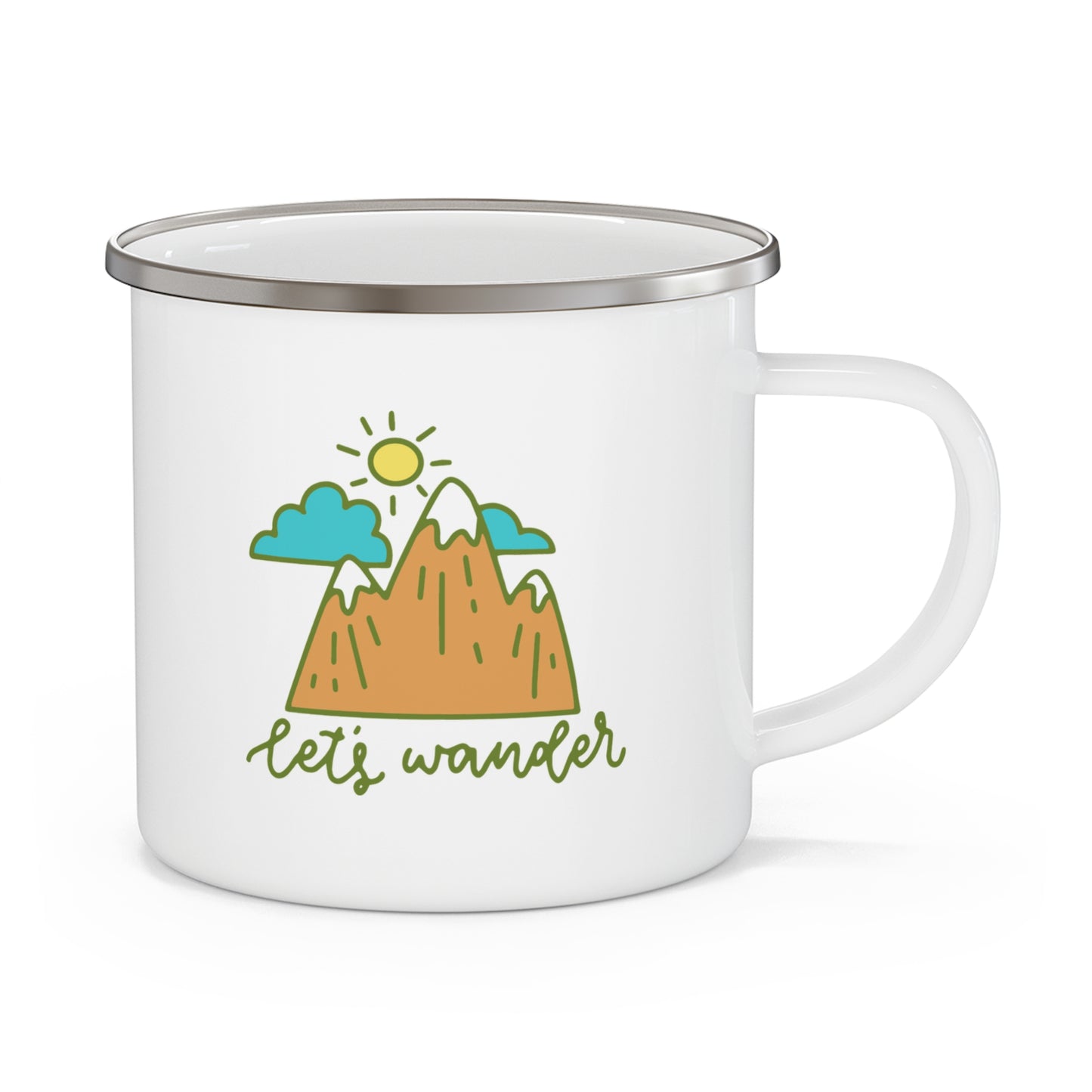 Let’s Wander Enamel Mug – 12oz Camping Cup with Mountains and Sunshine Design