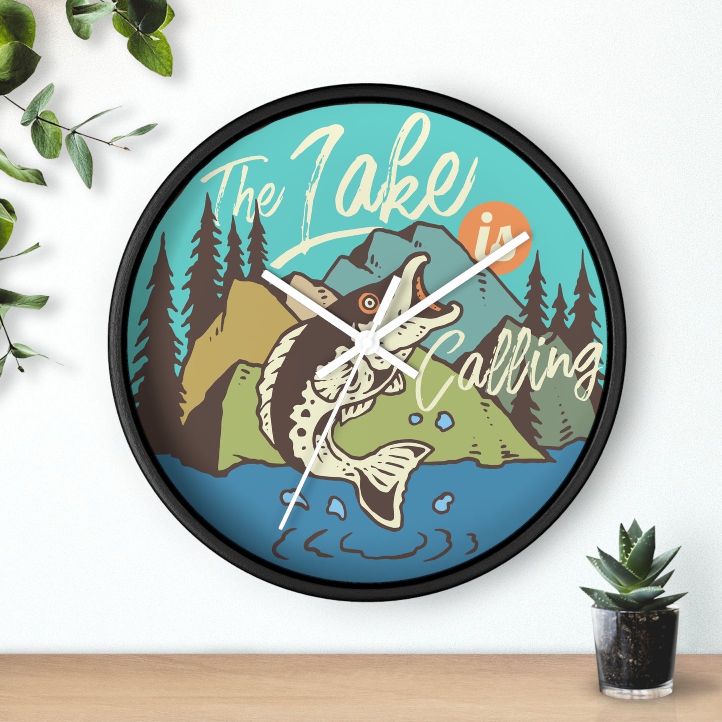 The Lake Is Calling – Fishing by the River Wall Clock, Silent, Wooden Frame