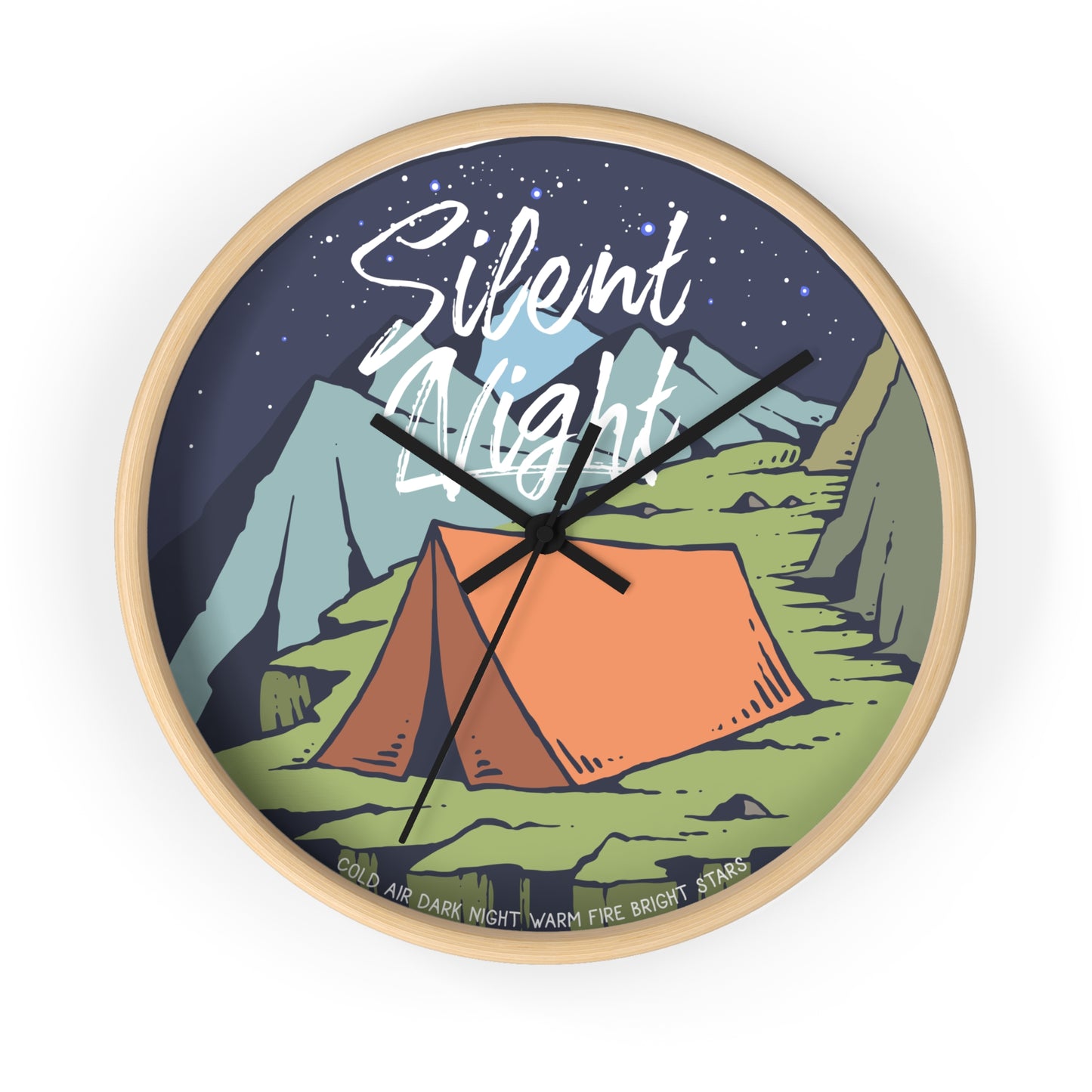 Camping wall clock – tent at night, wood frame, black hands