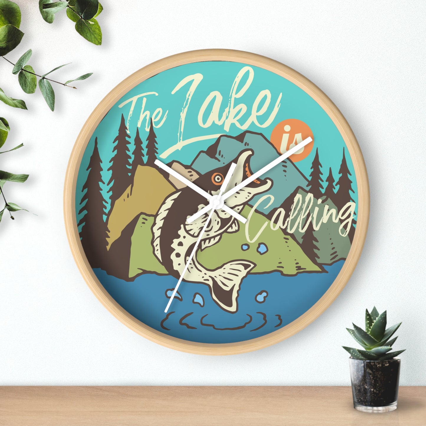 The Lake Is Calling – Fishing by the River Wall Clock, Silent, Wooden Frame