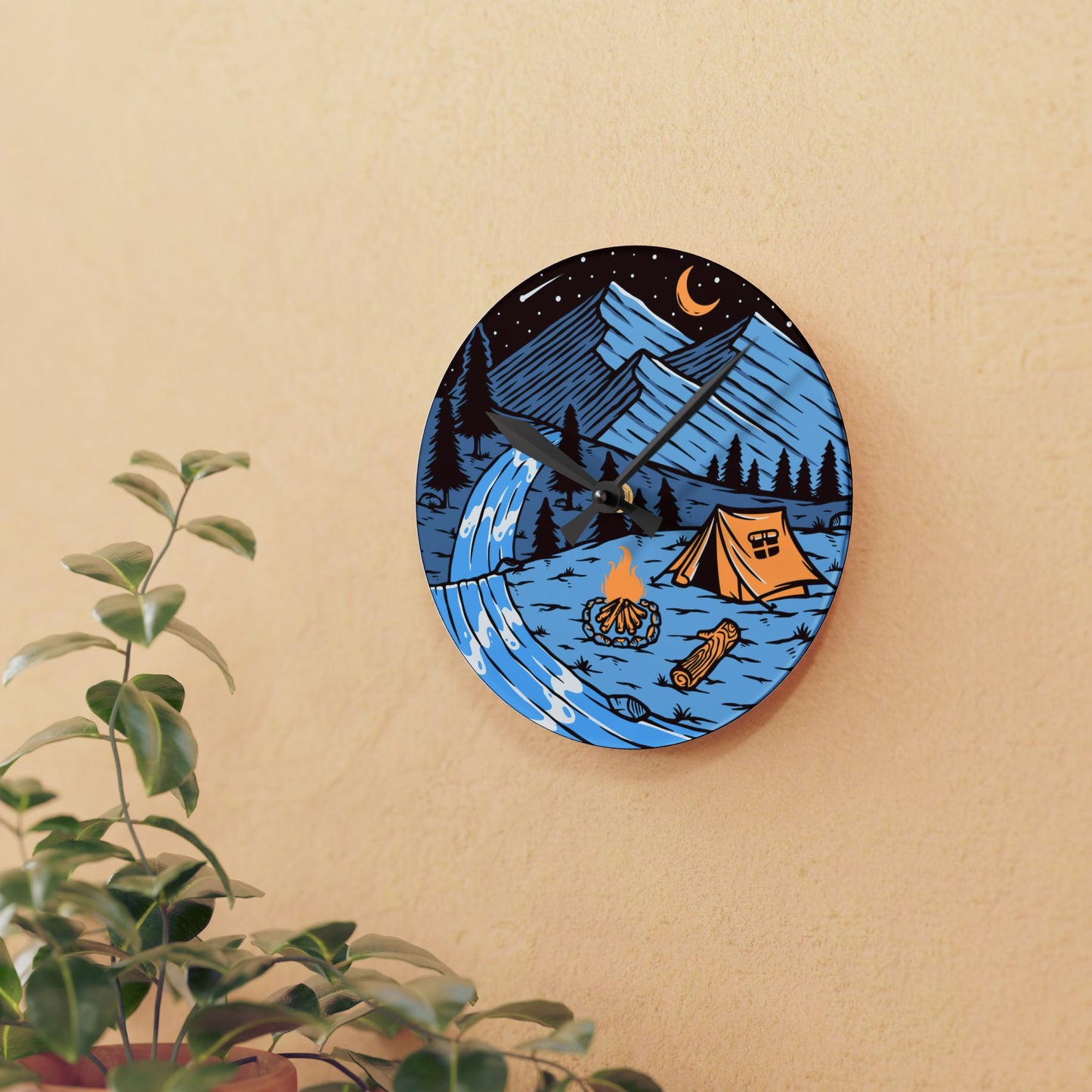 Night River Camp Wall Clock – Scenic Nature Art for Outdoor Souls
