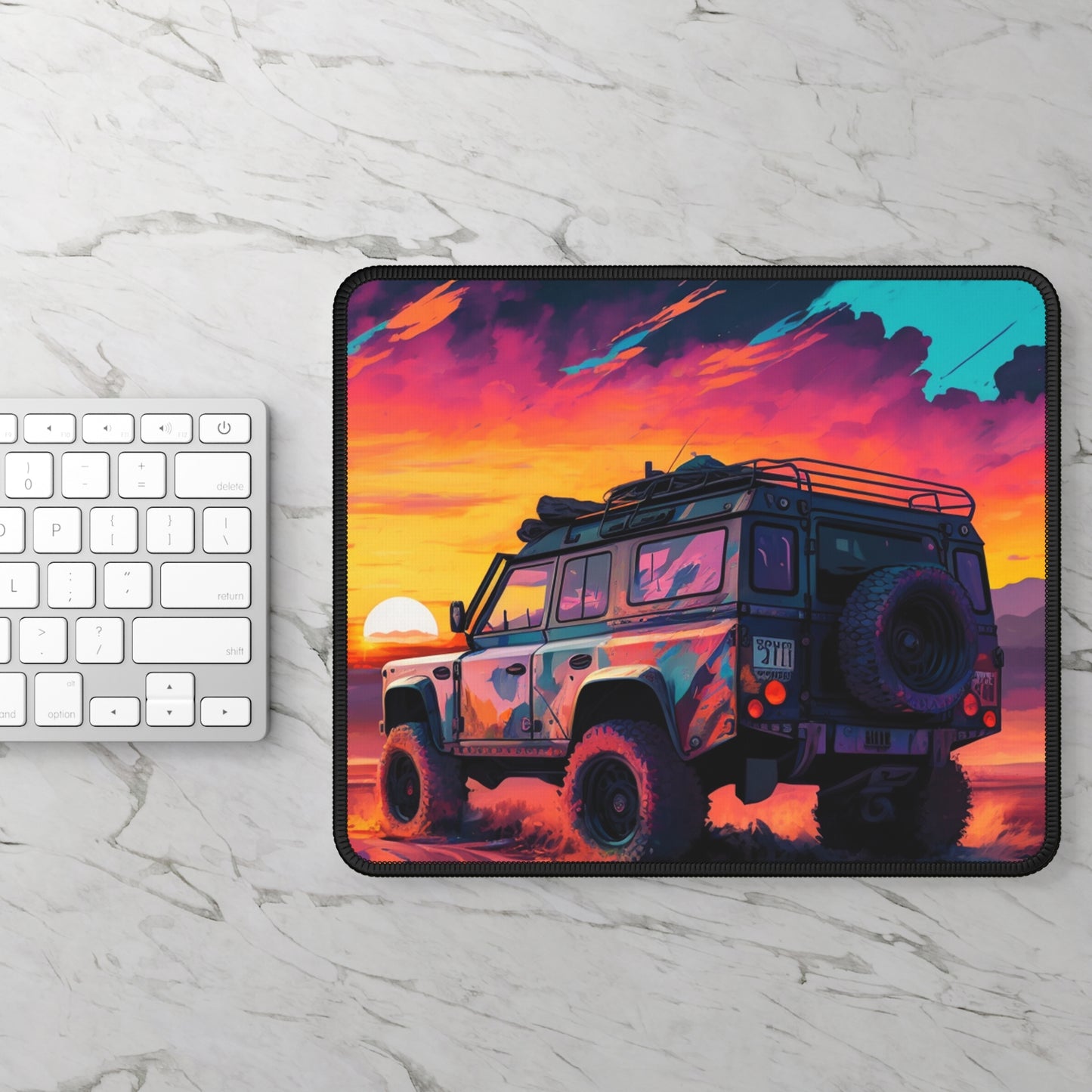 Off-Road Sunset Mouse Pad – Adventure SUV on Desert Drive