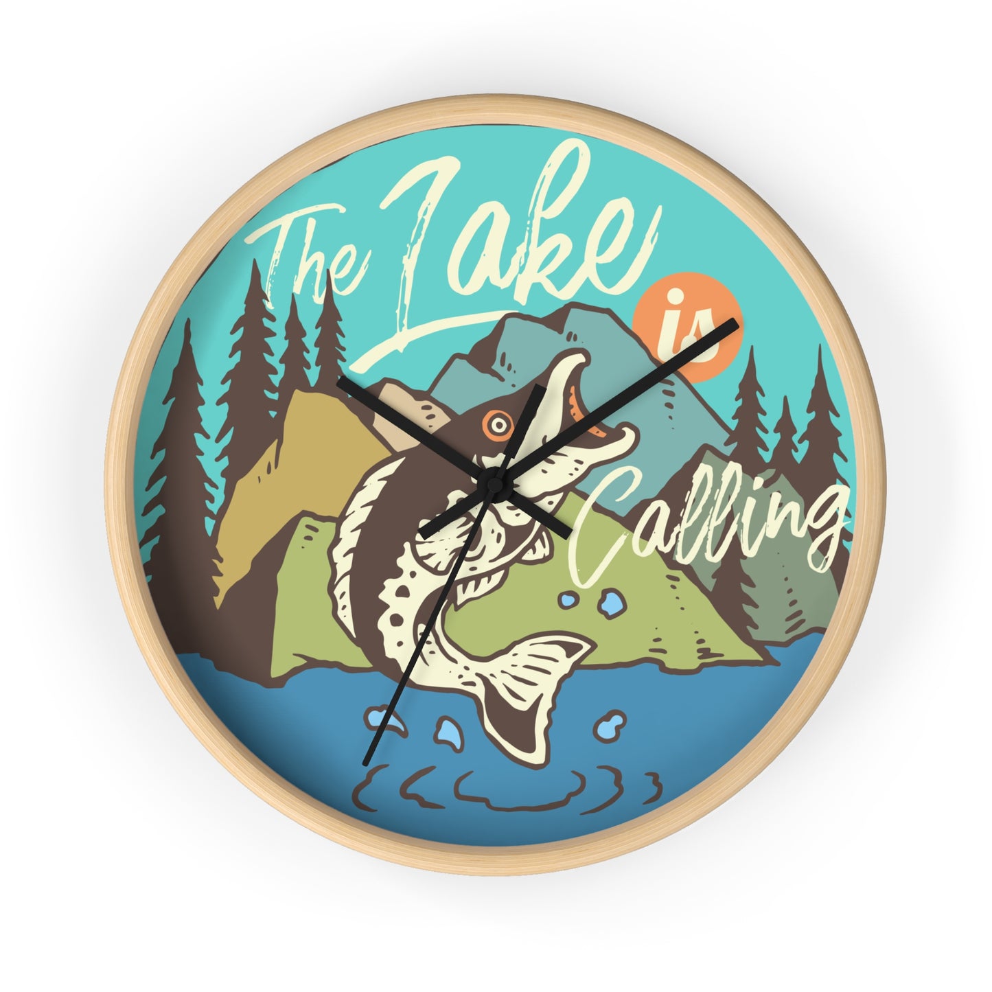 The Lake Is Calling – Fishing by the River Wall Clock, Silent, Wooden Frame