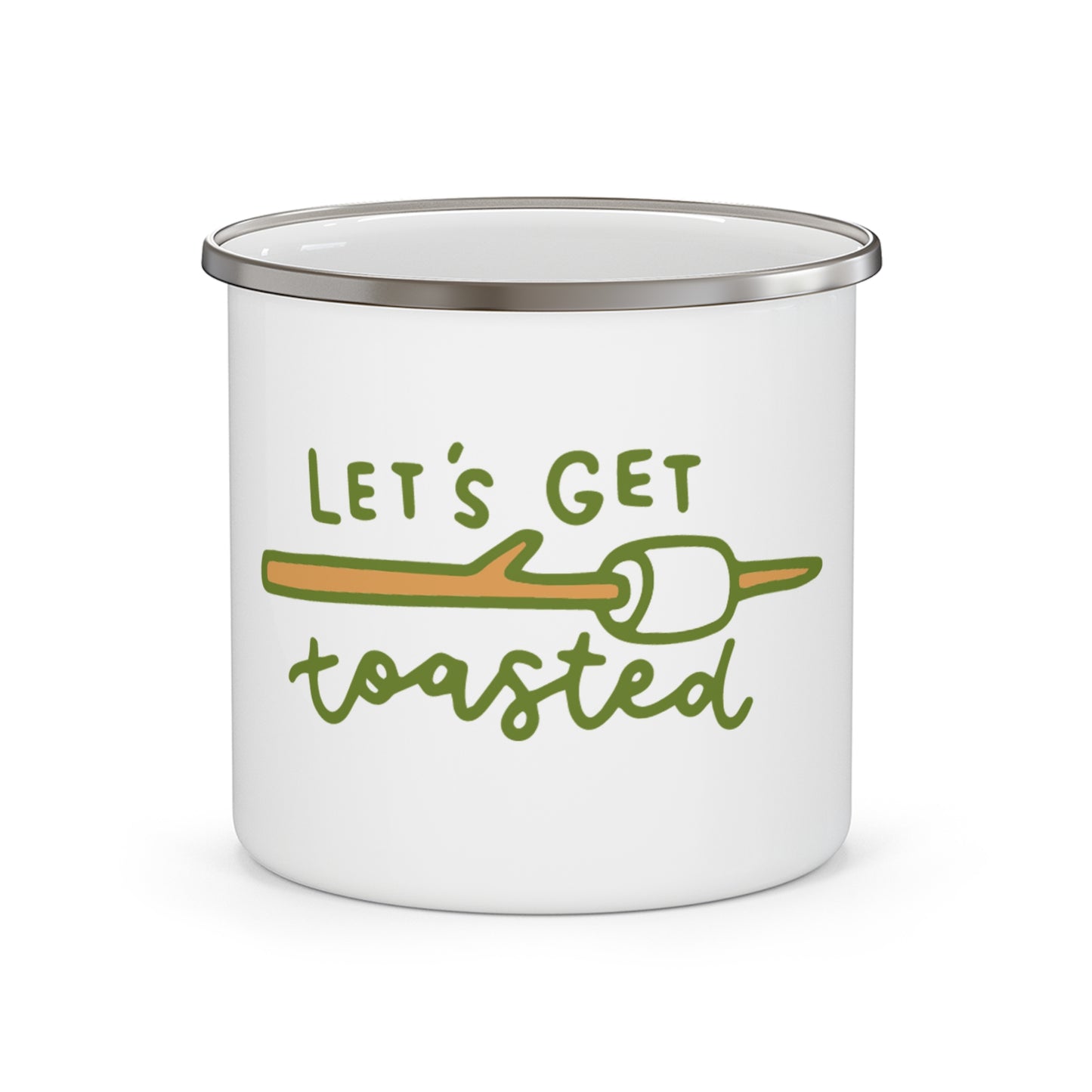 "Let’s Get Toasted" Enamel Camping Mug – Marshmallow Stick Design, 12oz