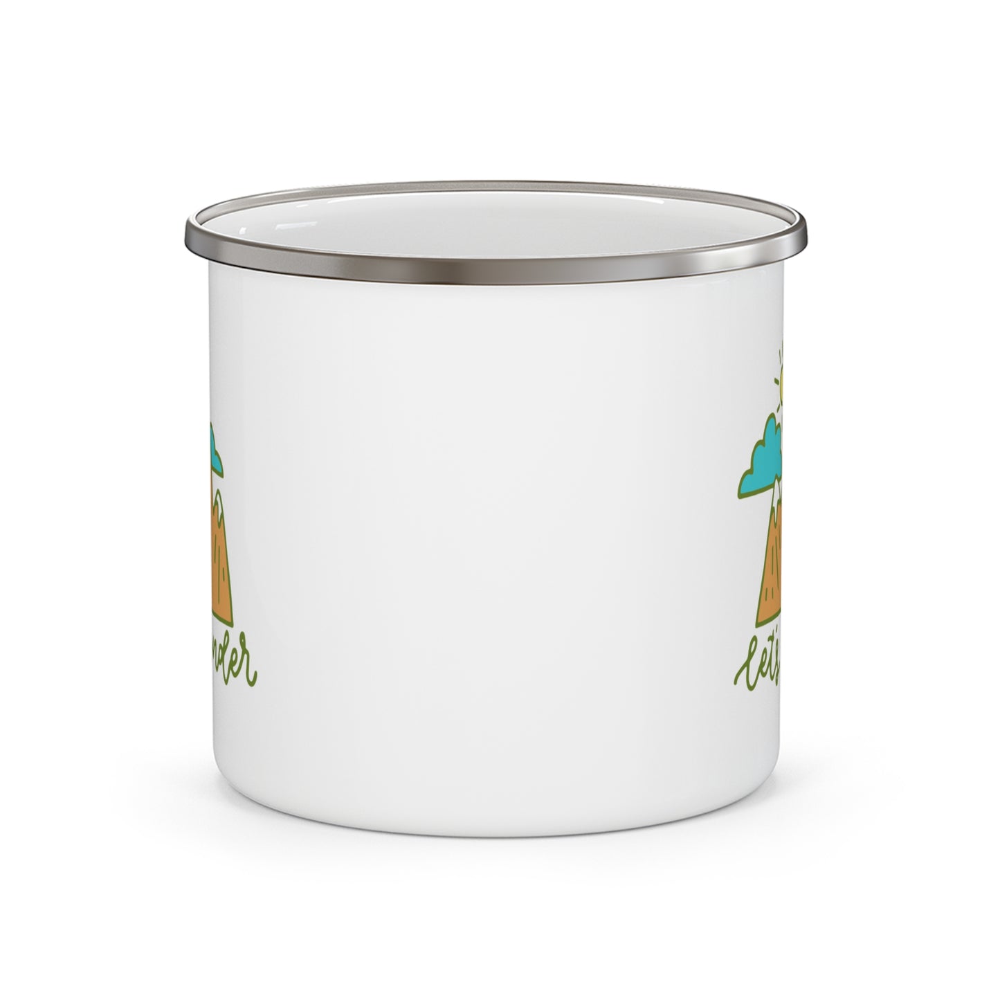 Let’s Wander Enamel Mug – 12oz Camping Cup with Mountains and Sunshine Design