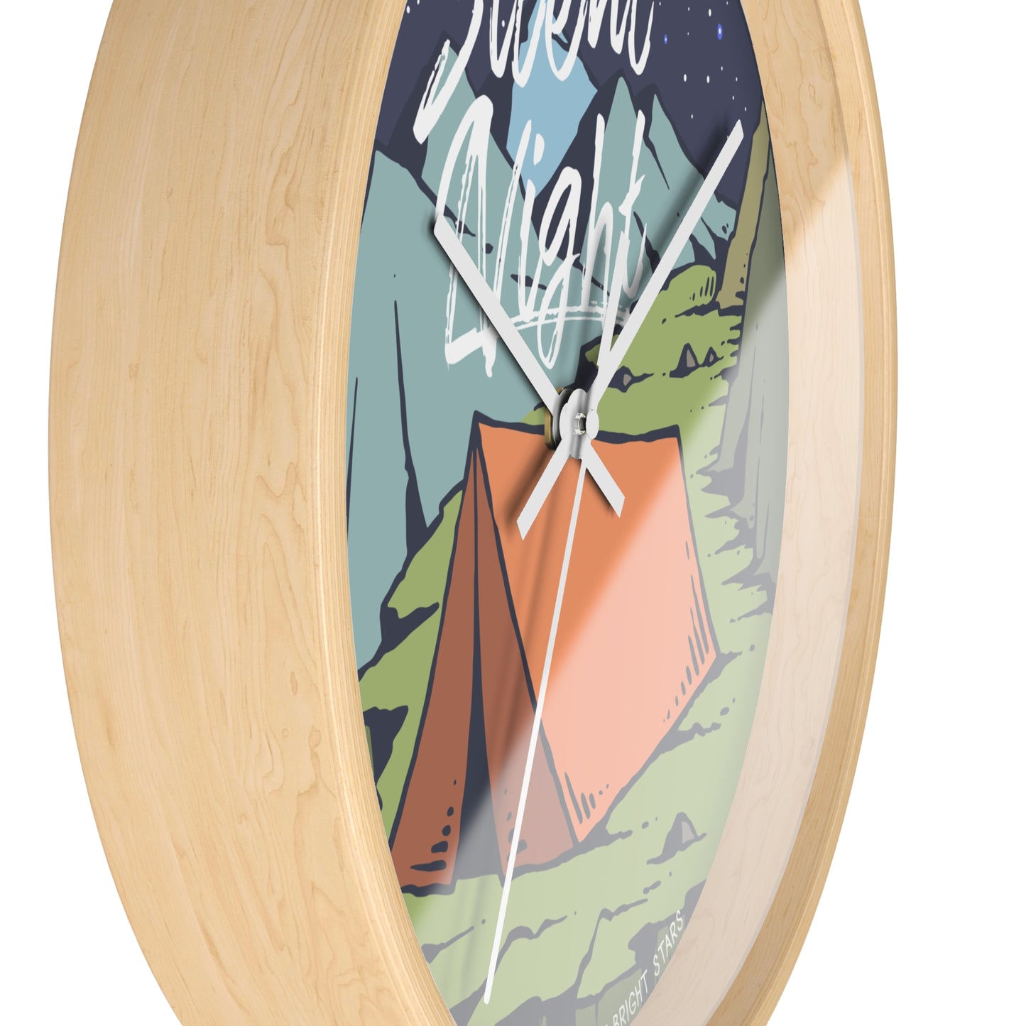 Camping wall clock – tent at night, wood frame, black hands, side view