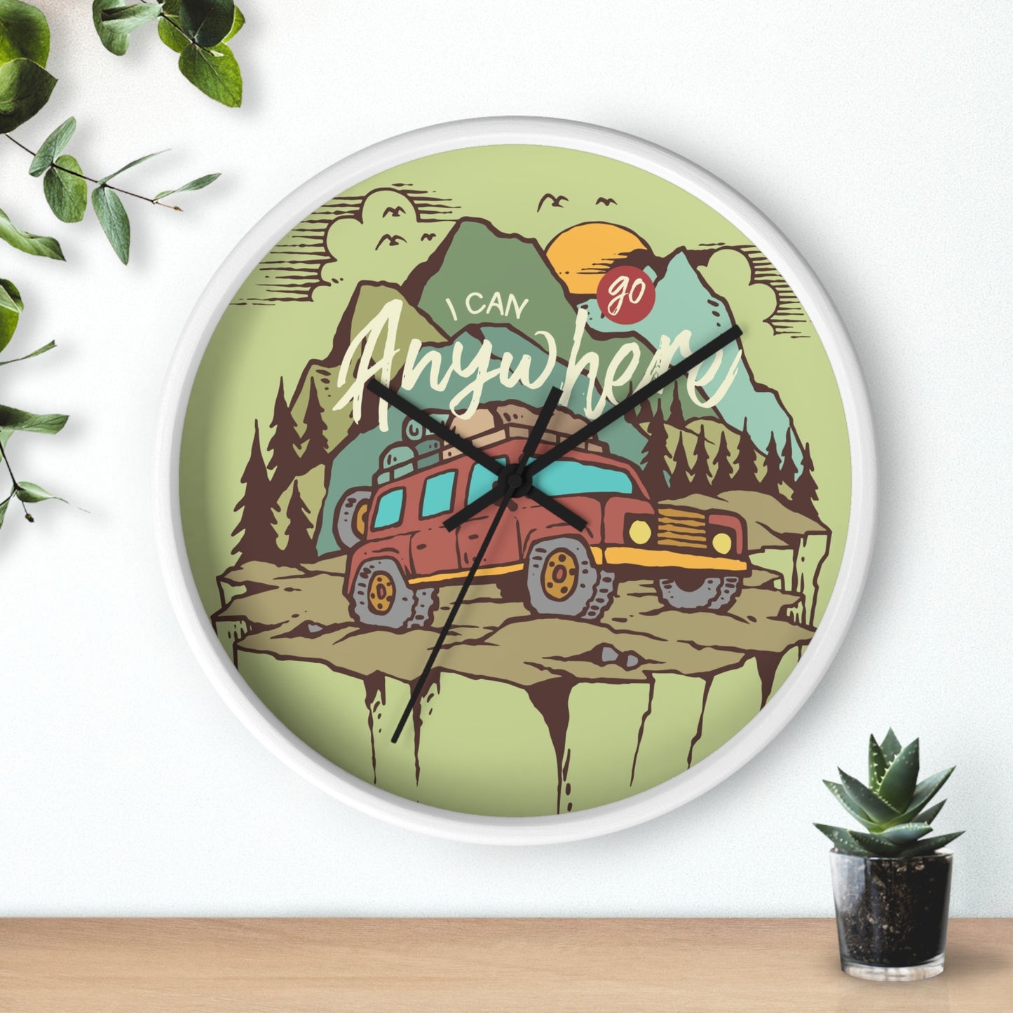 I Can Go Anywhere wall clock – indoor decor example, white frame, white hands