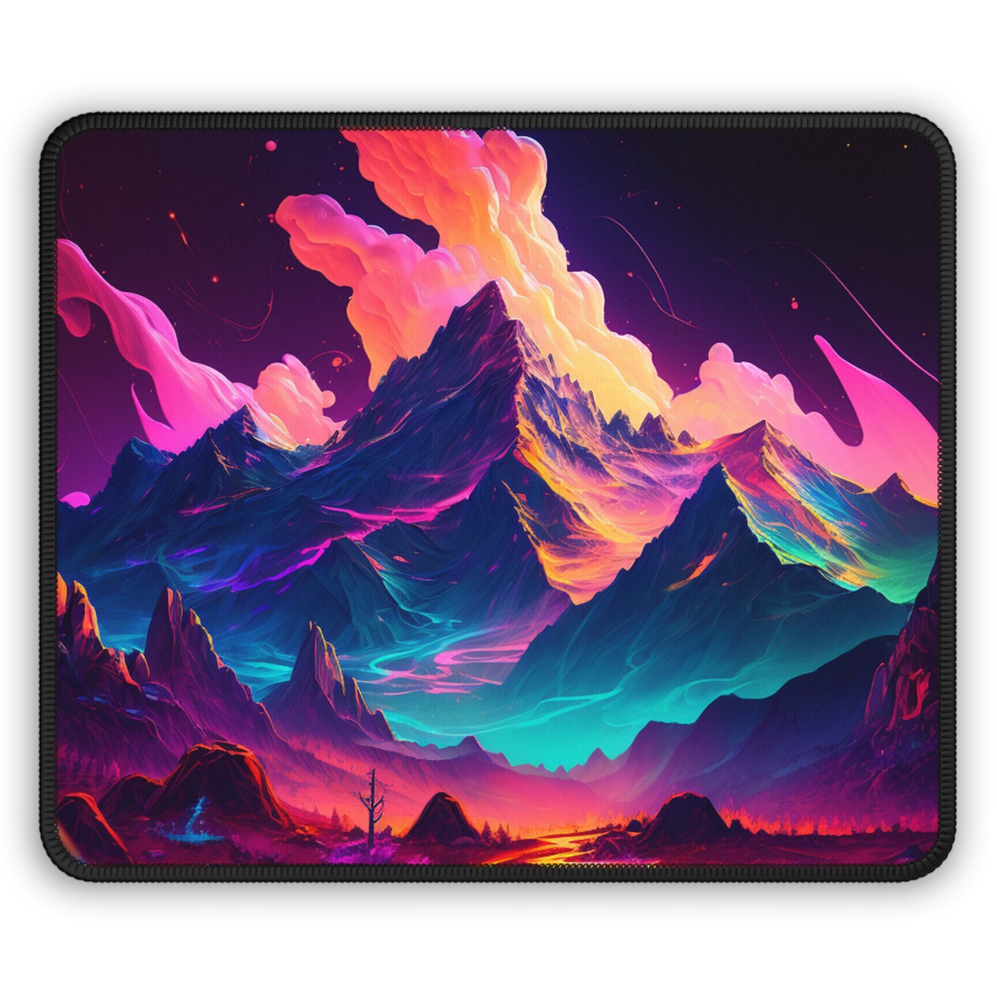 Neon Fantasy Mountain Mouse Pad – Surreal Peakscape for Creators