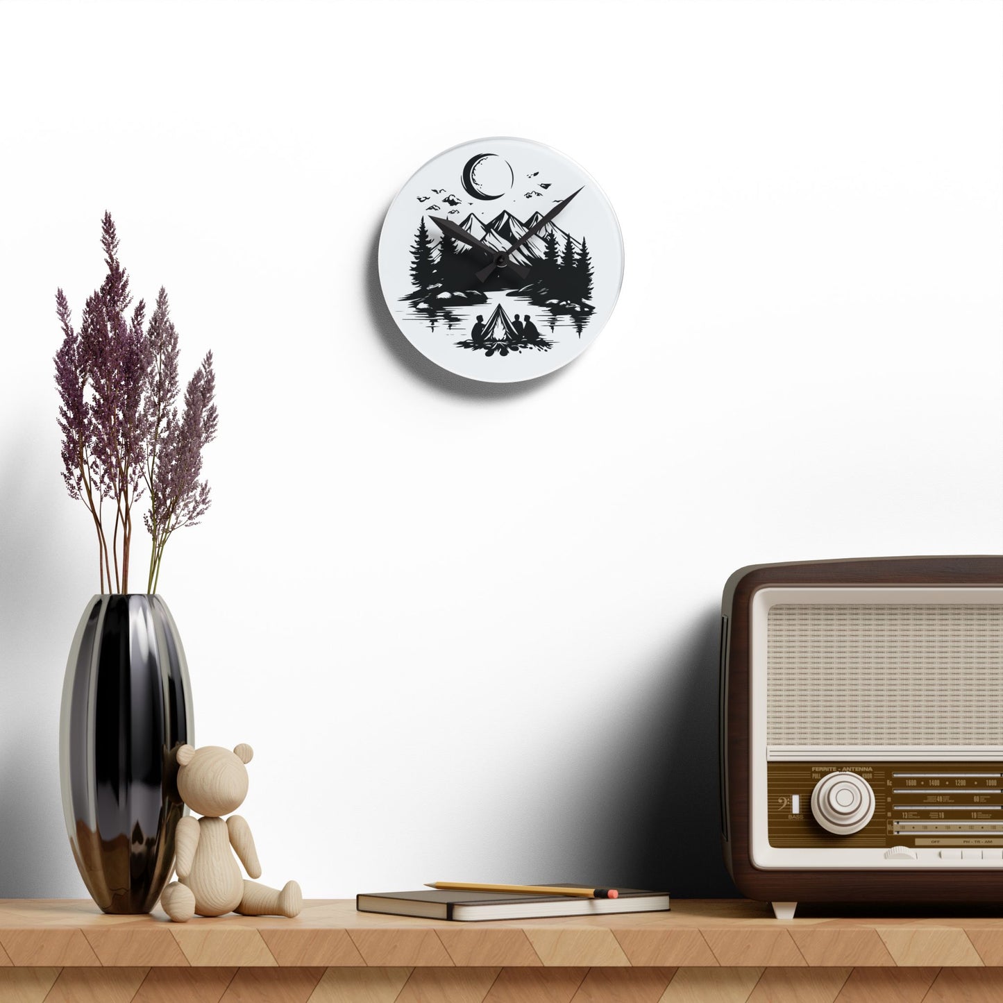 Monochrome Wilderness Wall Clock – Minimal Art for Outdoor Souls