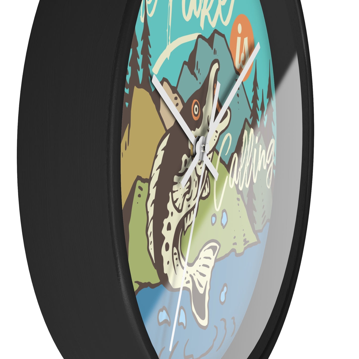 The Lake Is Calling – Fishing by the River Wall Clock, Silent, Wooden Frame