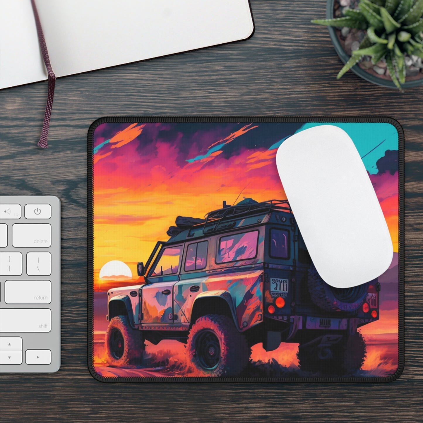 Off-Road Sunset Mouse Pad – Adventure SUV on Desert Drive