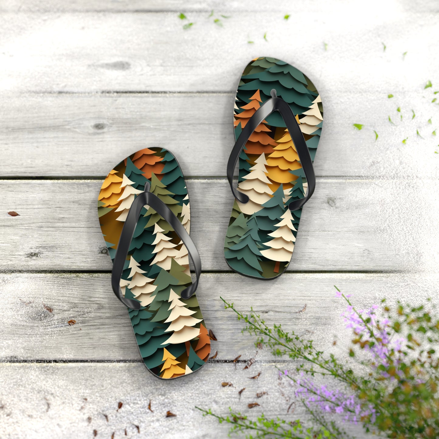 Fall Forest Flip Flops – Paper-Cut Tree Print Summer Sandals
