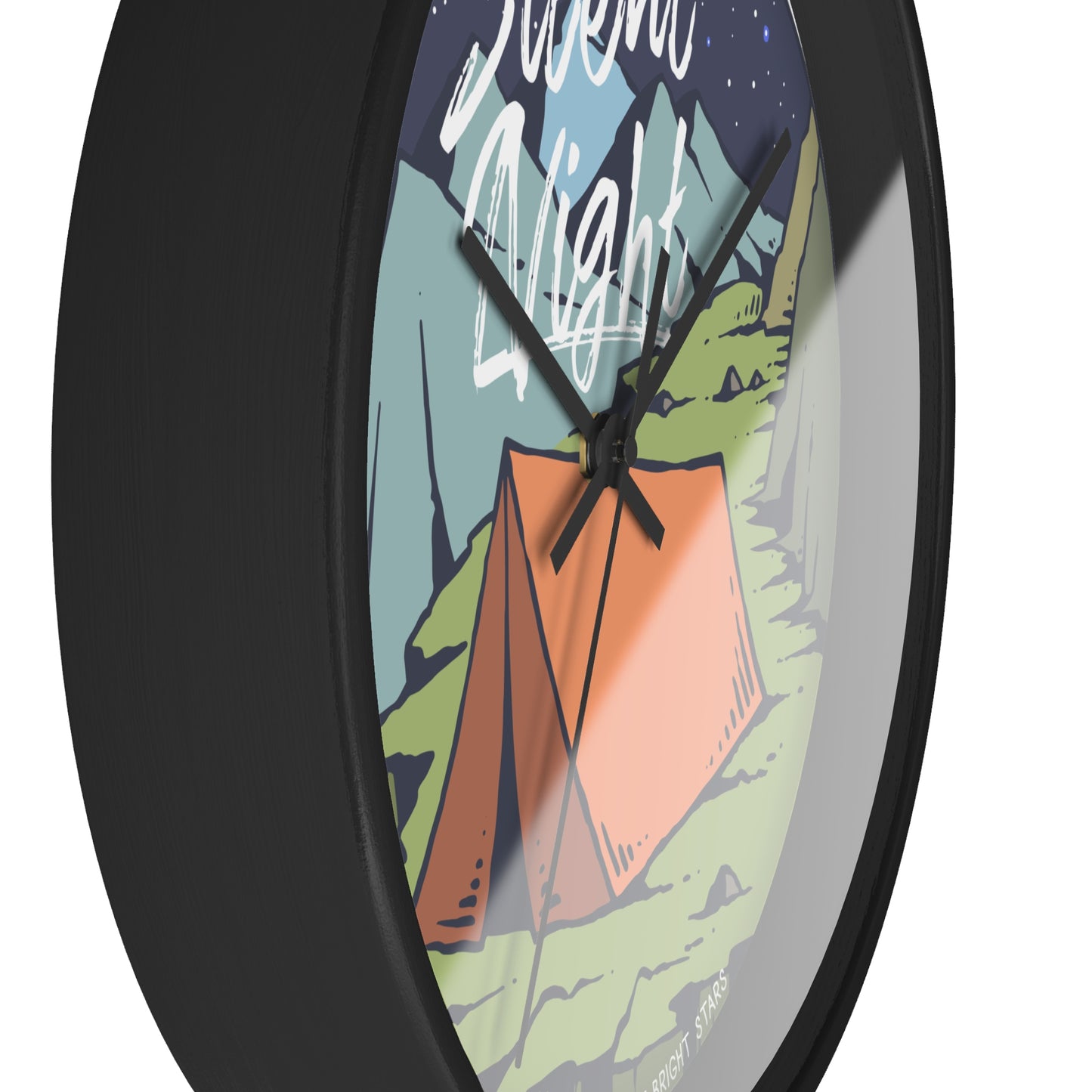 Silent night camping wall clock close-up