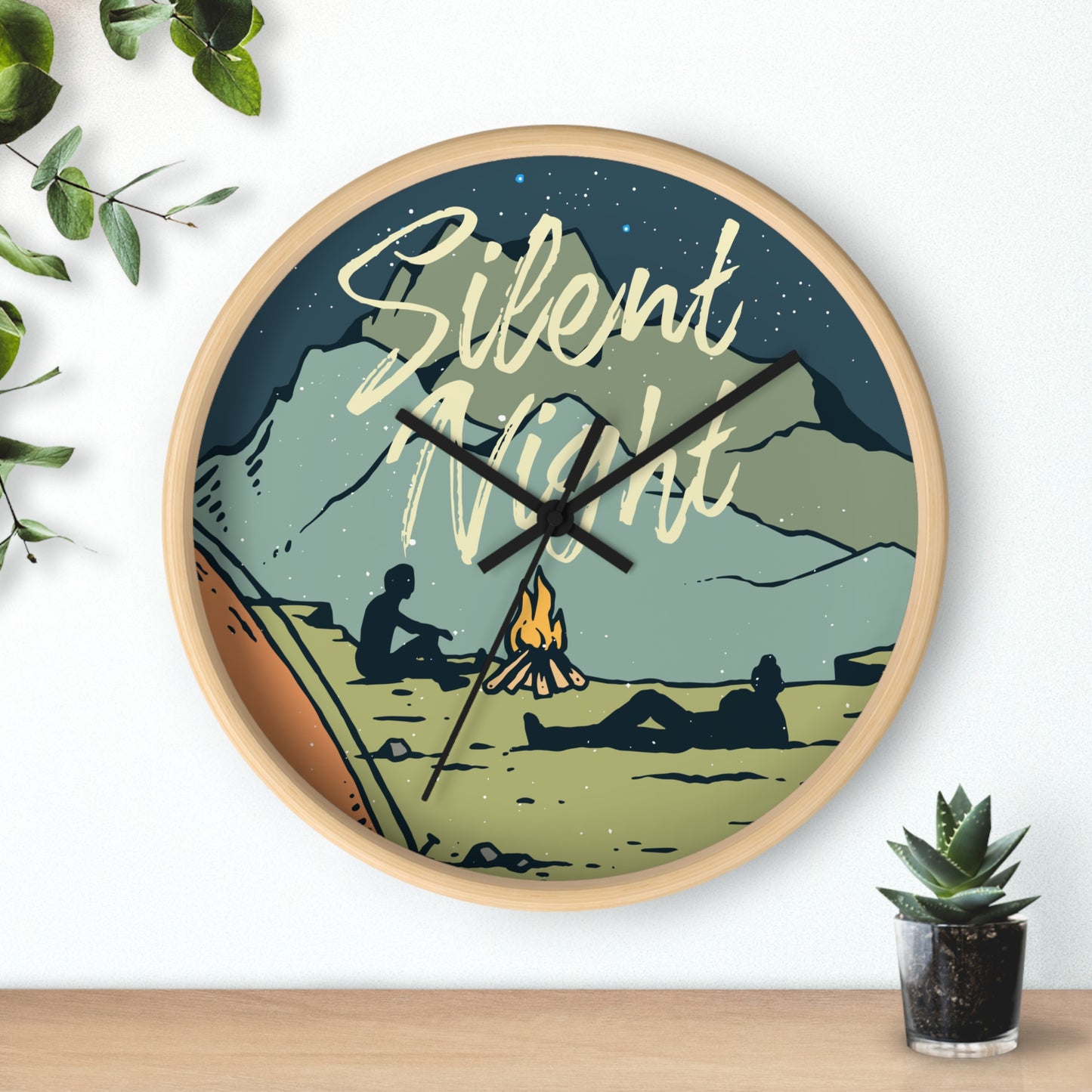 Camping wall clock hanging on wall - wood frame, black hands