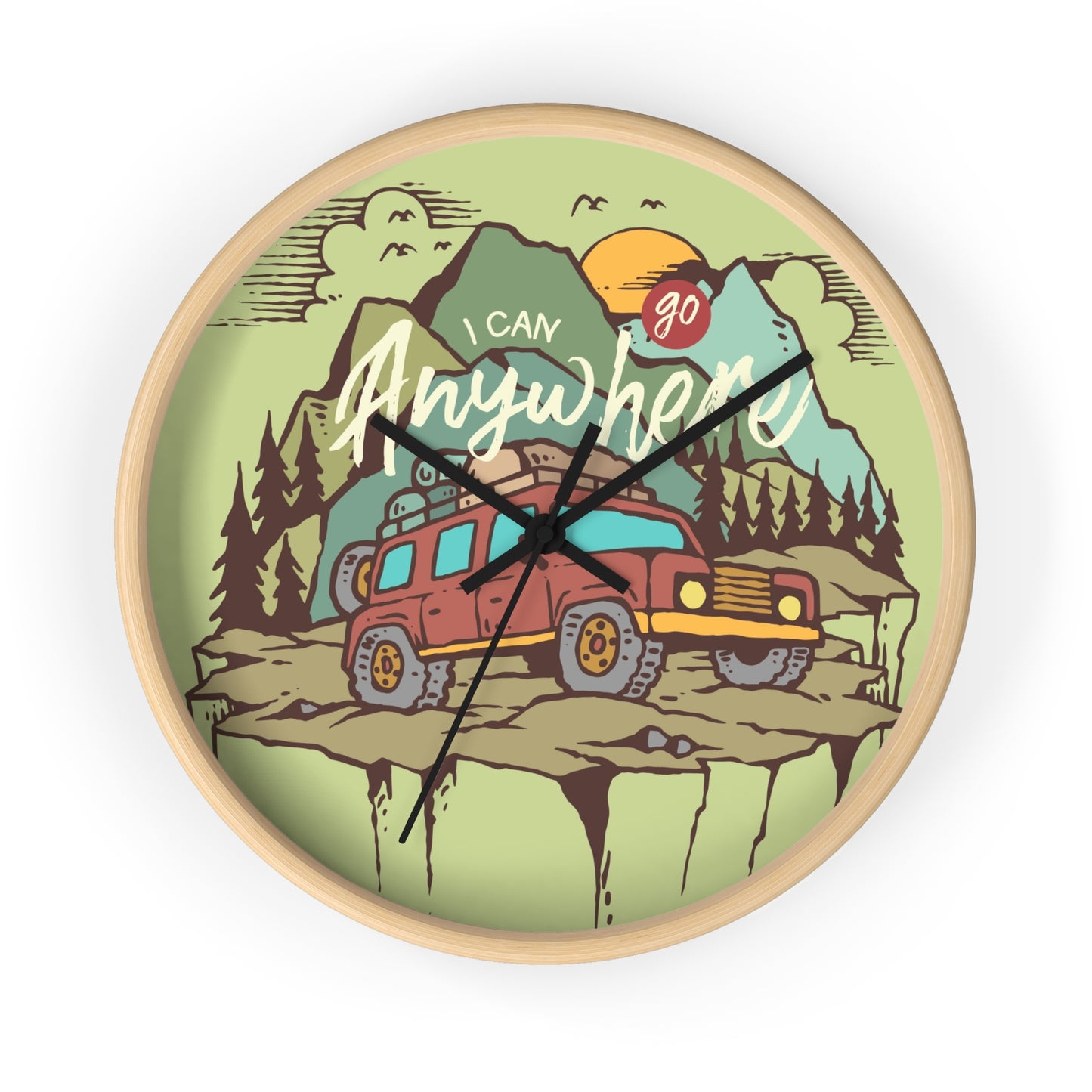 Adventure wall clock – RV camping scene, wood frame, black hands