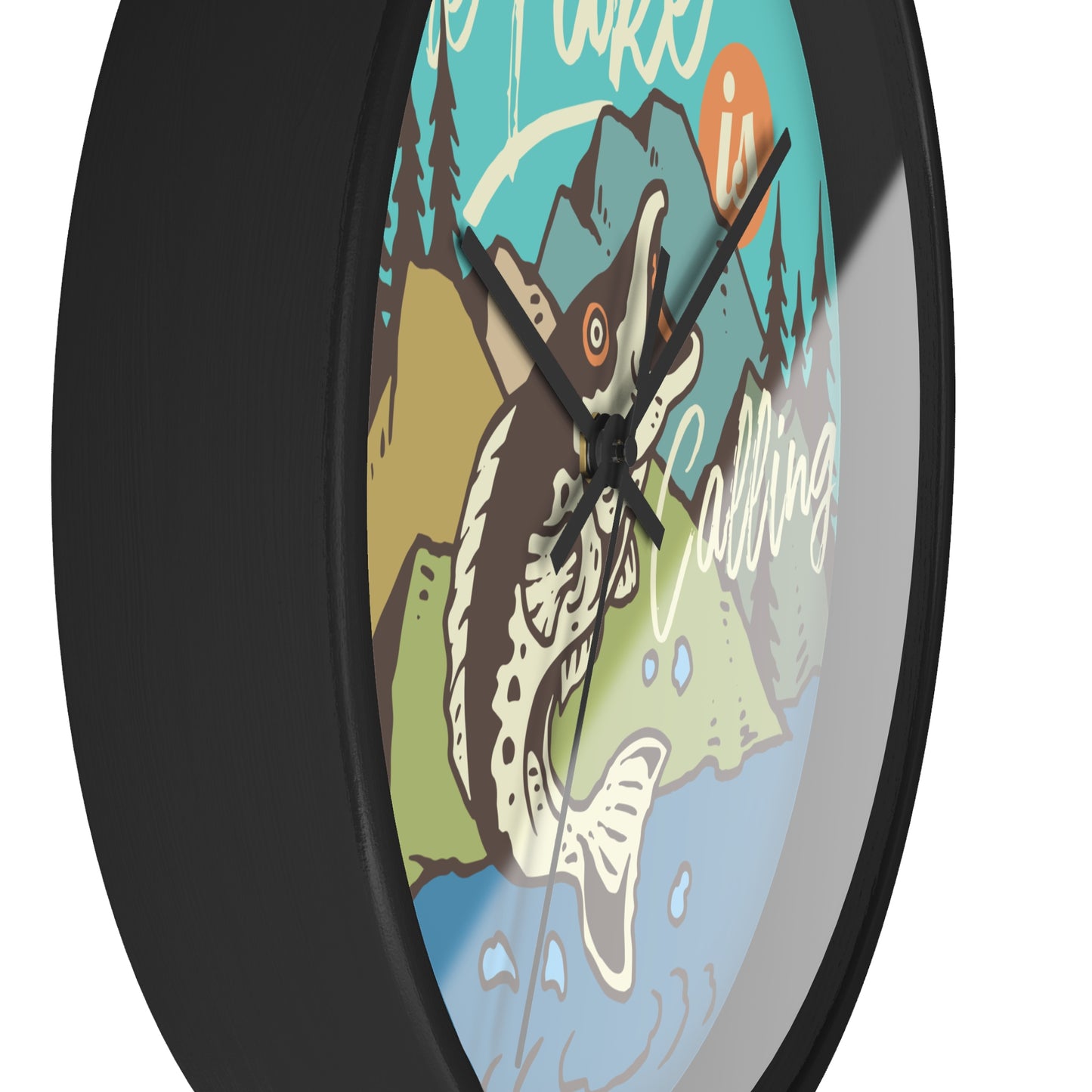 The Lake Is Calling – Fishing by the River Wall Clock, Silent, Wooden Frame