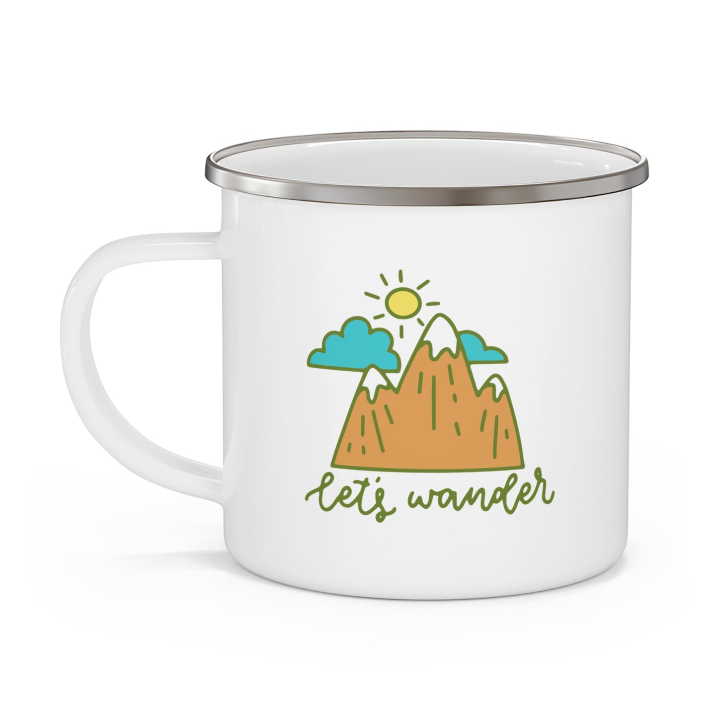 Let’s Wander Enamel Mug – 12oz Camping Cup with Mountains and Sunshine Design