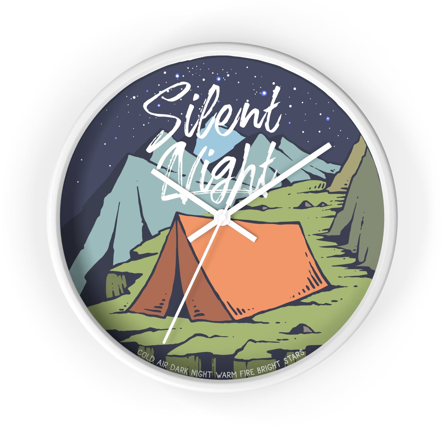 Camping wall clock – tent at night, white frame, white hands