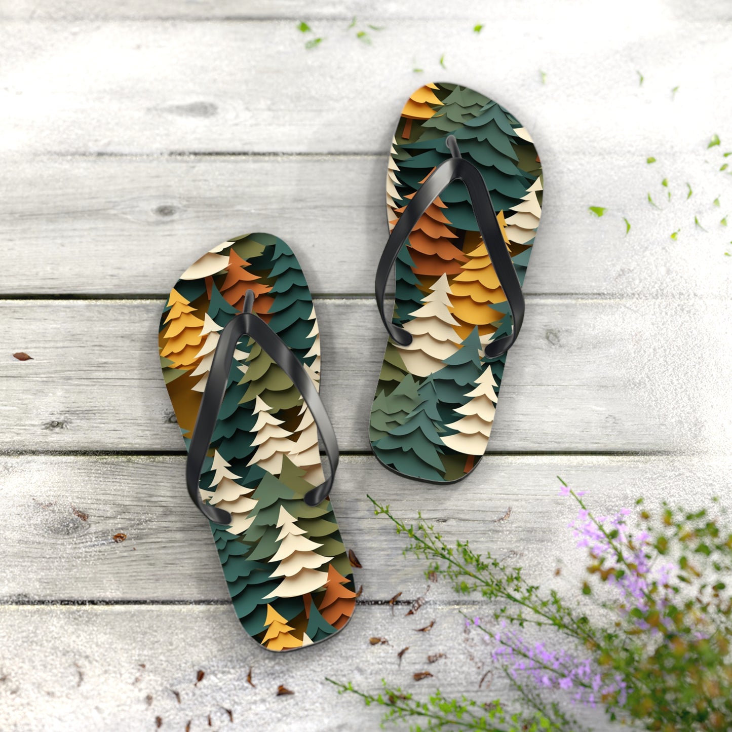 Fall Forest Flip Flops – Paper-Cut Tree Print Summer Sandals